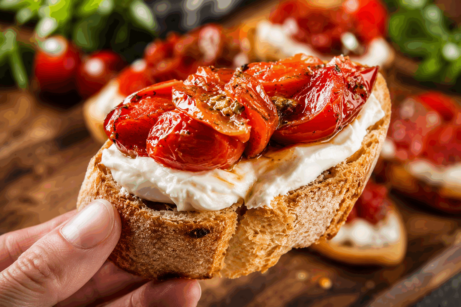 Bruschetta aux tomates rôties et feta fouettée en 5 minutes, un vrai délice frais 🍅✨ Description Cette bruschetta allie la douceur et l’intensité des tomates rôties à la légèreté d’une feta fouettée onctueuse. Rapide à préparer, ce plat savoureux et coloré apporte fraîcheur et convivialité, idéal pour un apéritif d’été ou une entrée gourmande. Informations Temps de préparation : 5 minutes Temps de cuisson : 15 minutes Nombre de portions : 4 personnes (8 pièces) Difficulté : Facile Ingrédients Pour les tomates rôties 300 g de tomates cerises 1 cuillère à soupe d’huile d’olive 1 gousse d’ail 1 branche de thym frais Sel et poivre du moulin Pour la feta fouettée 150 g de feta 50 g de fromage frais (type Philadelphia ou ricotta) 1 cuillère à soupe d’huile d’olive 1 cuillère à café de jus de citron Poivre du moulin Pour la bruschetta 8 tranches de pain de campagne ou ciabatta 1 gousse d’ail pour frotter le pain Un filet d’huile d’olive pour la finition Feuilles de basilic ou de roquette pour la décoration Préparation Préchauffe le four à 180°C (th.6). Dispose les tomates cerises sur une plaque recouverte de papier cuisson, arrose-les d’huile d’olive, ajoute la gousse d’ail écrasée et les branches de thym. Sale et poivre. Enfourne pour 15 minutes, jusqu’à ce que les tomates soient légèrement confites. Dans un bol, émiette la feta et ajoute le fromage frais, l’huile d’olive et le jus de citron. Fouette vigoureusement à l’aide d’un petit mixeur plongeant ou un fouet manuel jusqu’à obtenir une crème lisse et aérienne. Poivre selon ton goût. Fais griller les tranches de pain, puis frotte-les avec la gousse d’ail crue pour parfumer. Étale généreusement la feta fouettée sur chaque tranche de pain grillé. Répartis les tomates rôties sur les bruschettas, ajoute un filet d’huile d’olive et décore avec quelques feuilles de basilic ou roquette. Astuces Utilise des tomates bien mûres pour un goût sucré et intense après cuisson. Pour une texture plus onctueuse, laisse reposer la feta fouettée 10 minutes au frais avant de la servir. Varie les herbes en fonction de tes envies : thym, origan ou basilic frais se marient parfaitement. Tu peux préparer les tomates à l’avance et monter les bruschettas juste avant de servir pour garder le pain croustillant. Service Servez ces bruschettas en entrée ou en apéritif, accompagnées d’une salade verte légère ou de quelques olives pour un repas estival plein de fraîcheur et de saveurs méditerranéennes.