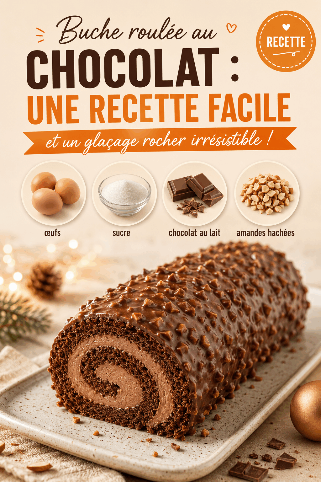 Buche roulée au chocolat : une recette facile et un glaçage rocher irrésistible !