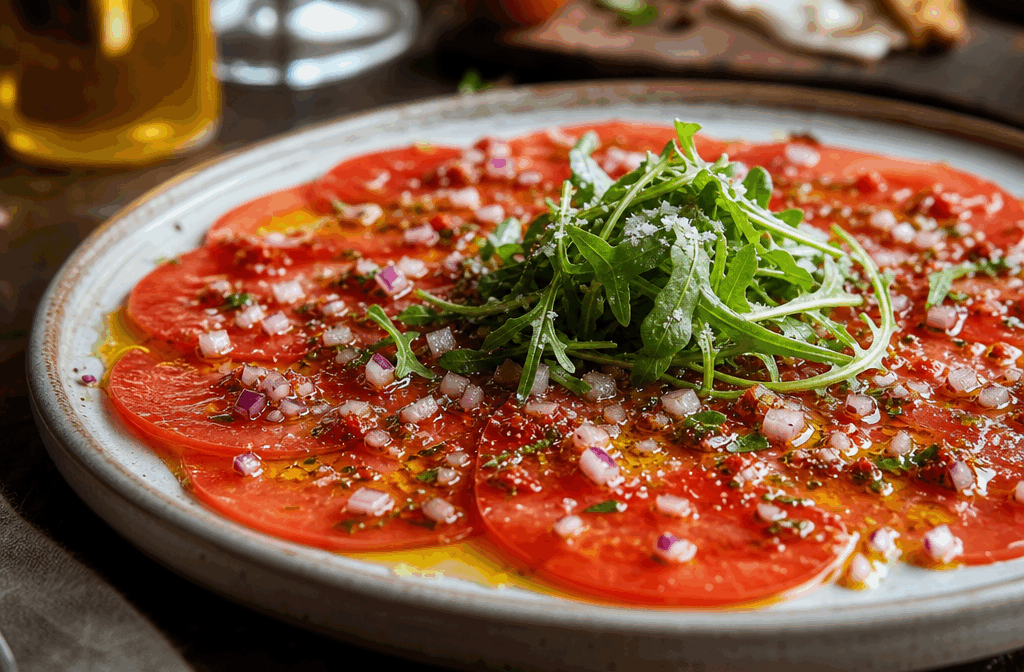 Carpaccio de tomates en 5 minutes, la recette fraîche qui épate à tous les coups 🔥 Description Ce carpaccio de tomates est une entrée légère et rafraîchissante, parfaite pour les journées d’été ou pour apporter une touche colorée et élégante à votre table. Fine tranche après fine tranche, les tomates s’habillent d’une marinade savoureuse et d’herbes aromatiques qui réveillent leur douceur naturelle. Rapide et simple, cette recette étonne à chaque fois par sa fraîcheur et son équilibre de saveurs. Informations Temps de préparation : 5 minutes Temps de cuisson : 0 minutes Nombre de portions : 4 personnes Difficulté : Facile Ingrédients Pour le carpaccio de tomates 500 g de tomates variées (coeur de boeuf, tomates anciennes, tomates cerises) 3 cuillères à soupe d’huile d’olive extra vierge 1 cuillère à soupe de vinaigre balsamique ou de citron 1 gousse d’ail Quelques feuilles de basilic frais Quelques feuilles de roquette (facultatif) Sel fin Poivre noir du moulin 10 g de parmesan en copeaux (facultatif) Préparation Lave soigneusement les tomates puis sèche-les avec un torchon propre. À l’aide d’un couteau bien aiguisé, coupe les tomates en tranches très fines. Pour les tomates cerises, coupe-les en deux ou en fines tranches selon leur taille. Dispose joliment les tranches en cercle, en rosace ou en couches superposées sur un grand plat ou dans des assiettes individuelles. Presse la gousse d’ail et mélange-la à l’huile d’olive et au vinaigre balsamique (ou citron). Sale légèrement et poivre au goût. Verse délicatement la marinade sur les tomates, sans les écraser. Ciselez finement le basilic et parsemez-le sur le carpaccio, ajoutez éventuellement quelques feuilles de roquette pour la fraîcheur. Termine par quelques copeaux de parmesan pour apporter une note salée et gourmande, si désiré. Laisse reposer 2 à 3 minutes à température ambiante avant de servir pour que les saveurs se mélangent. Astuces Utilise des tomates bien mûres mais fermes pour obtenir de belles tranches et une saveur optimale. Pour trancher finement, tu peux utiliser une mandoline — veille à bien protéger tes doigts ! Varie les herbes aromatiques : coriandre ou menthe apportent une touche originale en fonction de tes goûts. Ce carpaccio se déguste frais, mais évite de le préparer trop longtemps à l’avance pour conserver la texture des tomates. Service Présente ce carpaccio en entrée légère, accompagné d’un joli pain de campagne ou d’une focaccia pour un repas méditerranéen. Il peut aussi servir de garniture fraîche sur une assiette composée, ou être servi lors d’un apéritif dinatoire pour surprendre tes invités par sa simplicité et son élégance.