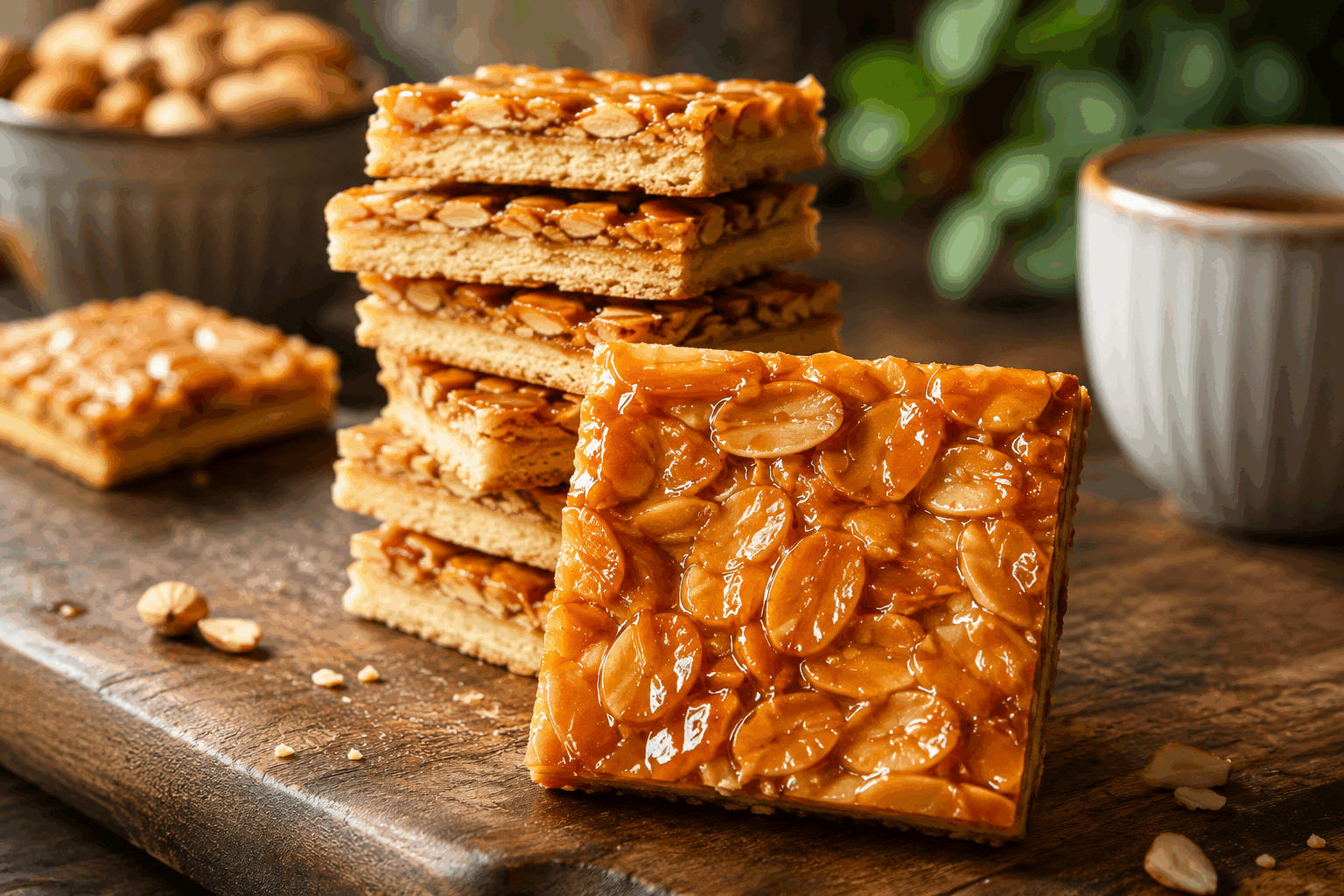 Carrés aux amandes caramélisées Description Ces carrés aux amandes caramélisées sont de délicieuses gourmandises croquantes à l’extérieur et fondantes en bouche. Rapidement préparés en seulement 10 minutes, ils marient la saveur douce et légèrement toastée des amandes à un caramel subtil et savoureux. Parfaits pour un goûter rapide, une pause café ou une petite douceur à partager entre amis. Informations Temps de préparation : 10 minutes Temps de cuisson : 15 minutes Nombre de portions : 12 pièces Difficulté : Facile Ingrédients Pour la base sablée 100 g de beurre doux 80 g de sucre glace 1 œuf 150 g de farine 30 g de poudre d’amande 1 pincée de sel Pour la garniture aux amandes caramélisées 150 g d’amandes effilées 100 g de sucre 50 g de beurre 2 cuillères à soupe de miel 1 cuillère à soupe de crème liquide entière Préparation Préchauffe le four à 180°C (chaleur tournante si possible). Prépare la pâte sablée : dans un saladier, mélange le beurre ramolli avec le sucre glace jusqu’à obtenir une consistance crémeuse. Ajoute l’œuf, la poudre d’amande, la farine et la pincée de sel. Mélange rapidement pour former une pâte homogène, sans trop travailler la pâte. Étale cette pâte dans un moule rectangulaire (20x20 cm) recouvert de papier sulfurisé en appuyant bien pour former une épaisseur régulière. Enfourne la pâte pendant environ 12 minutes, jusqu’à ce qu’elle soit légèrement dorée sur les bords. Pendant ce temps, prépare la garniture : dans une casserole à feu moyen, fais fondre le sucre avec un peu d’eau en remuant sans toucher jusqu’à obtenir un caramel blond. Hors du feu, incorpore le beurre en morceau, puis le miel et la crème liquide. Mélange bien pour obtenir une sauce onctueuse. Ajoute les amandes effilées et mélange rapidement pour bien les enrober de caramel. Verse immédiatement cette garniture sur la pâte précuite à la sortie du four et étale uniformément. Replace le tout au four pour 3 à 5 minutes, le temps que la garniture prenne bien. Sors les carrés du four, laisse refroidir complètement avant de découper en 12 parts. Astuces Pour une meilleure tenue, laissez bien refroidir les carrés avant de les découper afin d’éviter que le caramel ne coule. Remplacez les amandes effilées par des noisettes ou noix hachées pour varier les saveurs. Utilisez un moule plus petit pour obtenir des carrés plus épais et fondants en bouche. Pour un caramel plus doré et corsé, surveillez bien la cuisson du sucre pour ne pas le brûler avant d’ajouter le beurre. Service Servez ces carrés aux amandes caramélisées tièdes ou froids, accompagnés d’un thé ou d’un café. Ils seront également un délicieux accompagnement gourmand après un repas ou pour un goûter convivial entre amis ou en famille.