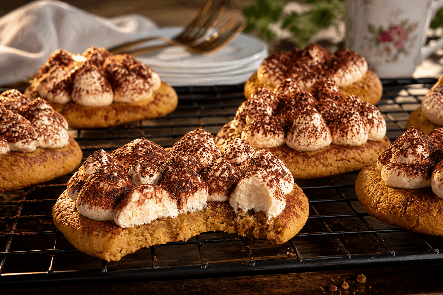Ces cookies tiramisu en 5 minutes vont vous rendre complètement accro 😍 Description Ces cookies tiramisu sont une délicieuse fusion entre le biscuit fondant et les saveurs emblématiques du célèbre dessert italien. Faciles et rapides à préparer, ils offrent un goût riche de café et de mascarpone, avec une texture à la fois moelleuse et légèrement croustillante. Parfaits pour une pause gourmande ou un goûter improvisé qui séduira tous les amateurs de douceurs. Informations Temps de préparation : 5 minutes Temps de cuisson : 12 minutes Nombre de portions : 12 cookies Difficulté : Facile Ingrédients Pour la pâte à cookies 120 g de farine 50 g de sucre 50 g de cassonade 80 g de beurre doux, fondu 1 œuf 1 cuillère à café d’extrait de vanille 1/2 cuillère à café de levure chimique 1 pincée de sel Pour l’arôme tiramisu 2 cuillères à soupe de mascarpone 1 cuillère à soupe de café expresso refroidi 1 cuillère à soupe de cacao en poudre non sucré 30 g de pépites de chocolat noir Préparation Préchauffe le four à 180°C (chaleur tournante si possible). Dans un grand bol, mélange le beurre fondu avec les sucres jusqu’à obtenir une texture homogène. Ajoute l’œuf et l’extrait de vanille, mélange bien. Incorpore la farine tamisée avec la levure et le sel, puis mélange rapidement sans trop travailler la pâte. Ajoute le mascarpone, le café et le cacao en poudre, puis mélange délicatement pour répartir les saveurs sans homogénéiser complètement (pour garder des marbrures). Incorpore enfin les pépites de chocolat. Forme des boules de pâte de la taille d’une noix et dépose-les sur une plaque recouverte de papier cuisson, en les espaçant. Applatis légèrement chaque boule avec la paume de la main pour obtenir des cookies de 1 cm d’épaisseur environ. Enfourne pour 10 à 12 minutes : les bords doivent être dorés mais le centre encore moelleux. Laisse refroidir quelques minutes sur la plaque puis déplace les cookies sur une grille pour qu’ils refroidissent complètement. Astuces Utilise un café bien corsé pour relever davantage la saveur tiramisu. Ne mélange pas trop la pâte après l’ajout du mascarpone afin de conserver la texture marbrée caractéristique. Pour un effet encore plus gourmand, saupoudre un peu de cacao en poudre sur les cookies une fois refroidis. Conserve les cookies dans une boîte hermétique pour garder leur moelleux jusqu’à 3 jours. Service Servez ces cookies tiramisu avec un café ou un thé noir bien chaud, pour un moment de douceur intense. Ils conviennent parfaitement comme dessert léger ou pour accompagner un après-midi entre amis. Présentez-les sur un joli plat avec un peu de cacao en poudre tamisé par-dessus pour une touche élégante.