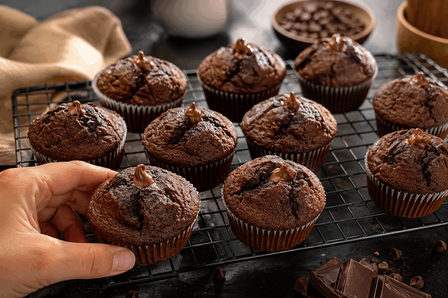 Ces muffins tout choco moelleux en 5 minutes, le secret que personne ne vous dira ! 🔥 Description Ces muffins tout chocolat sont incroyablement moelleux et rapides à préparer, parfaits pour une envie gourmande de dernière minute. Leur texture fondante et leur goût intense de cacao raviront petits et grands. Idéal pour un goûter express ou une pause sucrée improvisée. Informations Temps de préparation : 5 minutes Temps de cuisson : 15 minutes Nombre de portions : 6 muffins Difficulté : Facile Ingrédients Pour la pâte 120 g de farine de blé 30 g de cacao en poudre non sucré 100 g de sucre en poudre 1 sachet de levure chimique (environ 11 g) 1 pincée de sel 1 œuf 120 ml de lait 60 ml d’huile végétale neutre 80 g de pépites de chocolat noir Préparation Préchauffe le four à 180°C (chaleur statique). Dans un grand bol, tamise la farine, le cacao en poudre, la levure chimique, le sel et ajoute le sucre. Mélange bien ces ingrédients secs. Dans un autre récipient, bats l’œuf avec le lait et l’huile jusqu’à obtenir un mélange homogène. Verse rapidement les ingrédients liquides dans les ingrédients secs. Mélange délicatement à la spatule sans trop travailler la pâte pour éviter de la rendre dense. Incorpore les pépites de chocolat en les répartissant uniformément. Répartis la pâte dans 6 moules à muffins en silicone ou garnis de caissettes en papier, en les remplissant aux 3/4. Enfourne pour 15 minutes environ. Vérifie la cuisson en piquant un muffin avec la pointe d’un couteau : elle doit ressortir propre ou avec quelques miettes humides. Laisse tiédir les muffins quelques minutes avant de démouler pour préserver leur moelleux. Astuces Ne mélange pas trop la pâte, elle doit rester un peu grumeleuse pour éviter des muffins trop compacts. Utilise un cacao en poudre de bonne qualité pour un goût chocolaté intense. Tu peux remplacer le lait par du lait d’amande ou de soja pour une version sans lactose. Pour un effet gourmand, ajoute des éclats de noisettes ou des noix dans la pâte. Service Déguste ces muffins tièdes accompagnés d’un verre de lait, d’un café ou d’un thé. Ils sont parfaits pour un goûter rapide, une pause gourmande ou même un petit-déjeuner sur le pouce. Conserve-les dans une boîte hermétique pour garder leur douceur plusieurs jours.