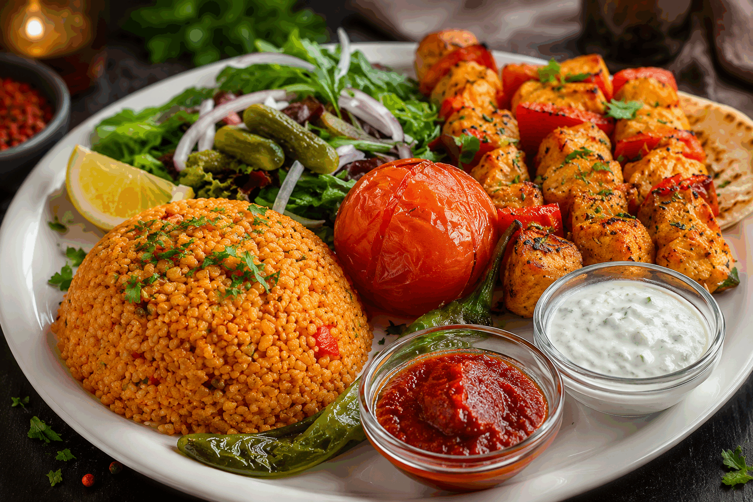 Cette assiette turque de poulet et boulgour, un secret de saveurs qui fond dans la bouche 🤤 Description Cette assiette turque associe un poulet tendre et savoureux à un boulgour parfumé, révélant des saveurs authentiques et délicates. Ce plat, typique de la cuisine anatolienne, est un vrai régal qui fond littéralement dans la bouche et ravira vos convives lors d’un déjeuner convivial ou d’un dîner familial. Informations Temps de préparation : 20 minutes Temps de cuisson : 40 minutes Nombre de portions : 4 personnes Difficulté : Moyenne Ingrédients Pour le poulet 600 g de blancs de poulet 3 cuillères à soupe d’huile d’olive 2 gousses d’ail 1 cuillère à café de paprika doux 1 cuillère à café de cumin moulu 1 cuillère à café de sumac (optionnel) Sel et poivre du moulin Le jus d’un demi-citron Pour le boulgour 200 g de boulgour fin 400 ml d’eau bouillante 1 oignon moyen 2 cuillères à soupe d’huile d’olive 1 tomate mûre 1 poivron rouge Sel et poivre Quelques brins de persil frais Préparation Coupe les blancs de poulet en morceaux réguliers. Émince l’ail finement. Dans un bol, mélange l’huile d’olive, l’ail, le paprika, le cumin, le sumac, le jus de citron, du sel et du poivre. Ajoute le poulet, mélange bien et laisse mariner 15 minutes. Pèle et hache finement l’oignon. Lave et coupe la tomate et le poivron en petits dés. Fais chauffer l’huile d’olive dans une poêle sur feu moyen. Ajoute l’oignon et fais revenir 5 minutes jusqu’à ce qu’il soit translucide. Ajoute la tomate et le poivron, fais revenir 5 minutes supplémentaires. Ajoute le boulgour dans la poêle, mélange bien avec les légumes puis verse l’eau bouillante. Sale et poivre, couvre et laisse cuire à feu doux pendant 15 minutes, jusqu’à absorption complète de l’eau. Pendant ce temps, dans une autre poêle, fais chauffer un peu d’huile d’olive à feu moyen-fort. Fais revenir les morceaux de poulet marinés pendant 10-12 minutes en remuant régulièrement, jusqu’à ce qu’ils soient dorés et cuits à cœur. Hache finement le persil puis incorpore-le au boulgour cuit hors du feu. Mélange doucement pour parfumer. Dresse l’assiette en plaçant le boulgour au centre, les morceaux de poulet tout autour. Décore éventuellement avec un quartier de citron et un peu de persil frais. Astuces Pour un poulet encore plus tendre, laisse mariner au moins 30 minutes, voire toute une nuit au réfrigérateur. Utilise du boulgour fin pour une cuisson plus rapide et une texture fondante. Le sumac apporte une légère note acidulée très typique, mais il peut être remplacé par un peu de zeste de citron en cas d’absence. Serre ce plat avec un yaourt à la menthe ou un tzatziki pour ajouter une touche de fraîcheur. Service Servez cette assiette turque accompagnée d’une salade fraîche de concombre et tomates, et d’un pain pita grillé. Ce plat chaleureux est parfait pour un repas convivial et équilibré, idéal pour faire découvrir la richesse des saveurs anatoliennes à vos invités.