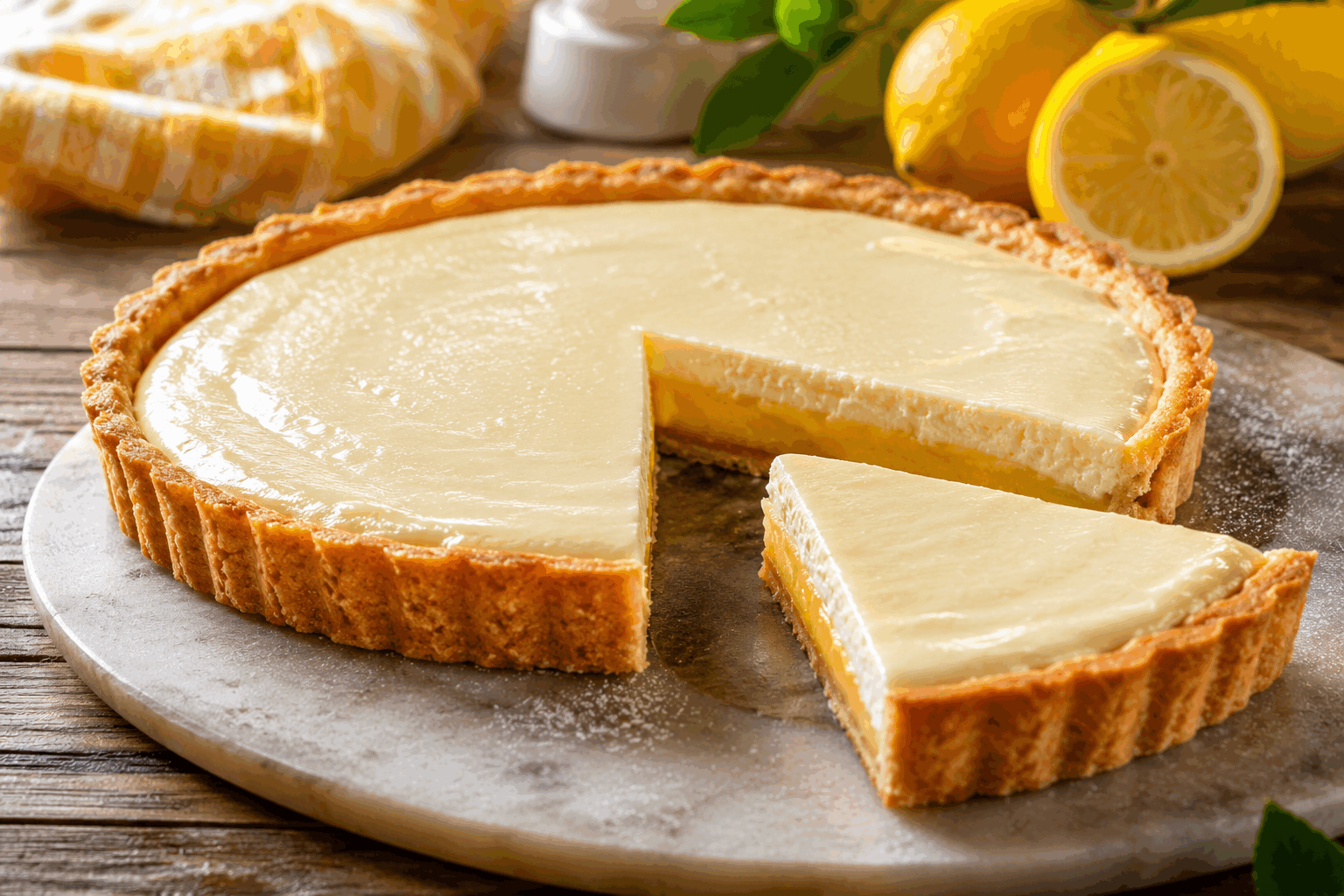 Cette tarte au citron fondante en 5 minutes va devenir votre coup de cœur 😍 Description Découvrez une tarte au citron légère et fondante, prête en seulement 5 minutes, idéale pour les amateurs de desserts express. Sa texture onctueuse et acidulée ravira vos papilles à chaque bouchée. Parfaite pour un goûter improvisé ou une fin de repas fraîche et gourmande. Informations Temps de préparation : 5 minutes Temps de cuisson : 30 minutes Nombre de portions : 6 personnes Difficulté : Facile Ingrédients Pour la pâte 200 g de biscuits sablés (type petits beurre) 80 g de beurre fondu Pour la garniture au citron 3 citrons jaunes (zeste et jus) 3 œufs 150 g de sucre en poudre 20 g de maïzena 100 ml de crème liquide entière Préparation Réduis les biscuits en fine poudre à l’aide d’un mixeur ou en les écrasant dans un sac plastique. Mélange les miettes de biscuits avec le beurre fondu puis tasse ce mélange au fond d’un moule à tarte de 20 cm de diamètre, en remontant légèrement sur les bords. Place la base au réfrigérateur pendant que tu prépares la garniture. Dans un saladier, fouette les œufs avec le sucre jusqu’à ce que le mélange blanchisse. Ajoute la maïzena, le jus des citrons et le zeste finement râpé, puis mélange bien. Incorpore la crème liquide en fouettant afin d’obtenir une préparation homogène. Verse la garniture sur la base biscuitée puis enfourne à 160°C (chaleur statique) pour 25 à 30 minutes. La tarte doit être prise mais encore légèrement tremblotante au centre. Laisse refroidir à température ambiante puis réfrigère au moins 1 heure avant de déguster pour une texture parfaite. Astuces Utilise des citrons bien parfumés pour un goût plus intense, bio de préférence pour utiliser les zestes sans problème. Pour une base encore plus rapide, remplace les biscuits par une pâte sablée prête à l’emploi. Ne prolonge pas la cuisson au risque de perdre la texture fondante de la garniture. Tu peux décorer la tarte avec un peu de crème fouettée ou des zestes de citron pour une présentation gourmande. Service Serre cette tarte au citron accompagnée d’une tasse de thé ou d’un café. Idéale lors d’un dessert léger, elle se déguste fraîche, coupée en parts individuelles. Parfaite pour impressionner rapidement tes invités avec un dessert maison express et savoureux.