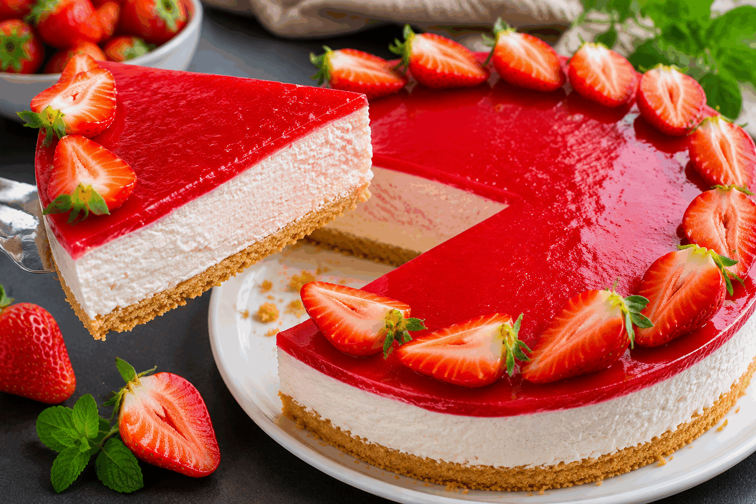 Cheesecake à la fraise sans cuisson en 5 minutes : léger, onctueux et irrésistible 🔥 Description Ce cheesecake à la fraise sans cuisson est un dessert frais, léger et onctueux, parfait pour les amateurs de douceur fruitée. Facile et rapide à préparer, il ne nécessite que 5 minutes de préparation et garantit une texture fondante accompagnée d’un goût délicat de fraises. Idéal pour une pause gourmande ou une occasion spéciale sans tracas en cuisine. Informations Temps de préparation : 5 minutes Temps de cuisson : 0 minute Nombre de portions : 6 personnes Difficulté : Facile Ingrédients Pour la base 150 g de biscuits type Petit Beurre 70 g de beurre fondu Pour la garniture 250 g de fromage frais type Philadelphia ou fromage à tartiner nature 200 g de crème liquide entière très froide 70 g de sucre glace 1 cuillère à café d’extrait de vanille 150 g de purée de fraises (fraises mixées et légèrement sucrées) Quelques fraises fraîches pour la décoration Préparation Écrase finement les biscuits et mélange-les avec le beurre fondu jusqu’à obtenir une consistance sableuse. Tasse cette base au fond d’un moule à charnière ou de verrines, puis place au réfrigérateur pendant la préparation de la garniture. Monte la crème liquide en chantilly ferme à l’aide d’un batteur électrique. Dans un saladier, mélange le fromage frais avec le sucre glace et l’extrait de vanille jusqu’à obtenir un mélange lisse. Incorpore délicatement la chantilly au mélange de fromage à l’aide d’une spatule en soulevant la masse pour garder l’aération. Ajoute la purée de fraises et mélange doucement pour obtenir une couleur homogène. Verse la préparation sur la base biscuitée, lisse la surface avec une spatule. Réfrigère au minimum 2 heures avant de servir pour que la garniture prenne bien. Décore avec des fraises fraîches juste avant de déguster. Astuces Utilise des biscuits bien secs pour une base croustillante et compacte. Veille à ce que la crème soit très froide avant de la monter en chantilly pour obtenir une bonne tenue. Pour une version plus légère, remplace la moitié du fromage frais par du fromage blanc 20 % MG. Ajoute un peu de jus de citron dans la purée de fraises pour relever la saveur et éviter que la garniture soit trop sucrée. Service Sers ce cheesecake frais, décoré de fraises entières ou de petites feuilles de menthe. Il accompagne parfaitement un thé glacé ou un dessert d’été léger à partager en famille ou entre amis lors d’une journée chaude. Pour une présentation originale, réalise-le en verrines individuelles.