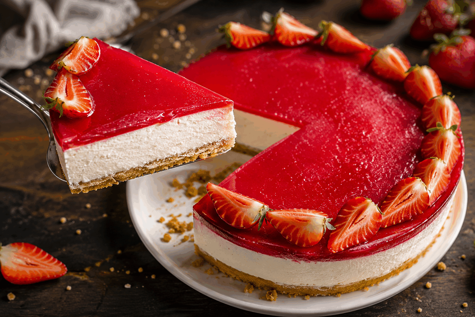 Cheesecake fraise ultra léger sans cuisson en 5 minutes, fondant et irrésistible ! 🍓👌 Description Ce cheesecake aux fraises est une recette rapide et facile, idéale pour un dessert frais et léger. Sa texture fondante, obtenue sans cuisson, séduira les amateurs de douceurs fruitées et délicates. Parfait pour une pause gourmande ou une fin de repas estivale. Informations Temps de préparation : 5 minutes Temps de cuisson : 0 minute Nombre de portions : 6 personnes Difficulté : Facile Ingrédients Pour la base 150 g de biscuits sablés (type Petit Beurre) 60 g de beurre fondu Pour la garniture 250 g de fromage frais type Philadelphia ou cream cheese 200 ml de crème liquide entière très froide 80 g de sucre glace 200 g de fraises fraîches 1 cuillère à café d’extrait de vanille 1 sachet de gélatine en poudre (7 g) ou 3 feuilles de gélatine 2 cuillères à soupe d’eau froide Préparation Réduis les biscuits en fine poudre à l’aide d’un robot ou en les écrasant dans un sac plastique. Mélange-les avec le beurre fondu puis tasse ce mélange dans le fond d’un moule à charnière de 18 cm de diamètre. Place au réfrigérateur. Fais ramollir la gélatine dans l’eau froide pendant 5 minutes. Pendant ce temps, lave et équeute les fraises. Mixe 150 g de fraises en purée puis fais chauffer doucement dans une petite casserole. Ajoute la gélatine essorée et mélange bien pour dissoudre. Laisse tiédir. Dans un saladier, fouette la crème liquide bien froide en chantilly ferme avec le sucre glace. Dans un autre saladier, mélange le fromage frais avec la purée de fraises refroidie et l’extrait de vanille jusqu’à obtenir une texture lisse. Incorpore délicatement la chantilly à la préparation au fromage frais en soulevant la masse pour garder le côté aérien. Verse cette garniture sur la base biscuitée et lisse la surface. Décore avec les fraises restantes coupées en fines tranches. Place au réfrigérateur pendant au moins 2 heures avant de servir, pour que le cheesecake prenne bien. Astuces Utilise une crème liquide entière bien froide pour réussir une chantilly ferme et légère. Si tu manques de temps, tu peux remplacer la gélatine par de l’agar-agar en respectant les proportions indiquées sur le paquet. Pour une base encore plus croustillante, ajoute une petite pincée de cannelle ou un peu de zeste de citron dans les biscuits émiettés. Varie les fruits en fonction des saisons en remplaçant les fraises par des framboises ou des myrtilles. Service Sers ce cheesecake frais directement au sortir du réfrigérateur, accompagné d’un coulis de fraises ou d’un filet de miel pour encore plus de douceur. Il est parfait pour un dessert léger lors d’un repas estival entre amis ou en famille.