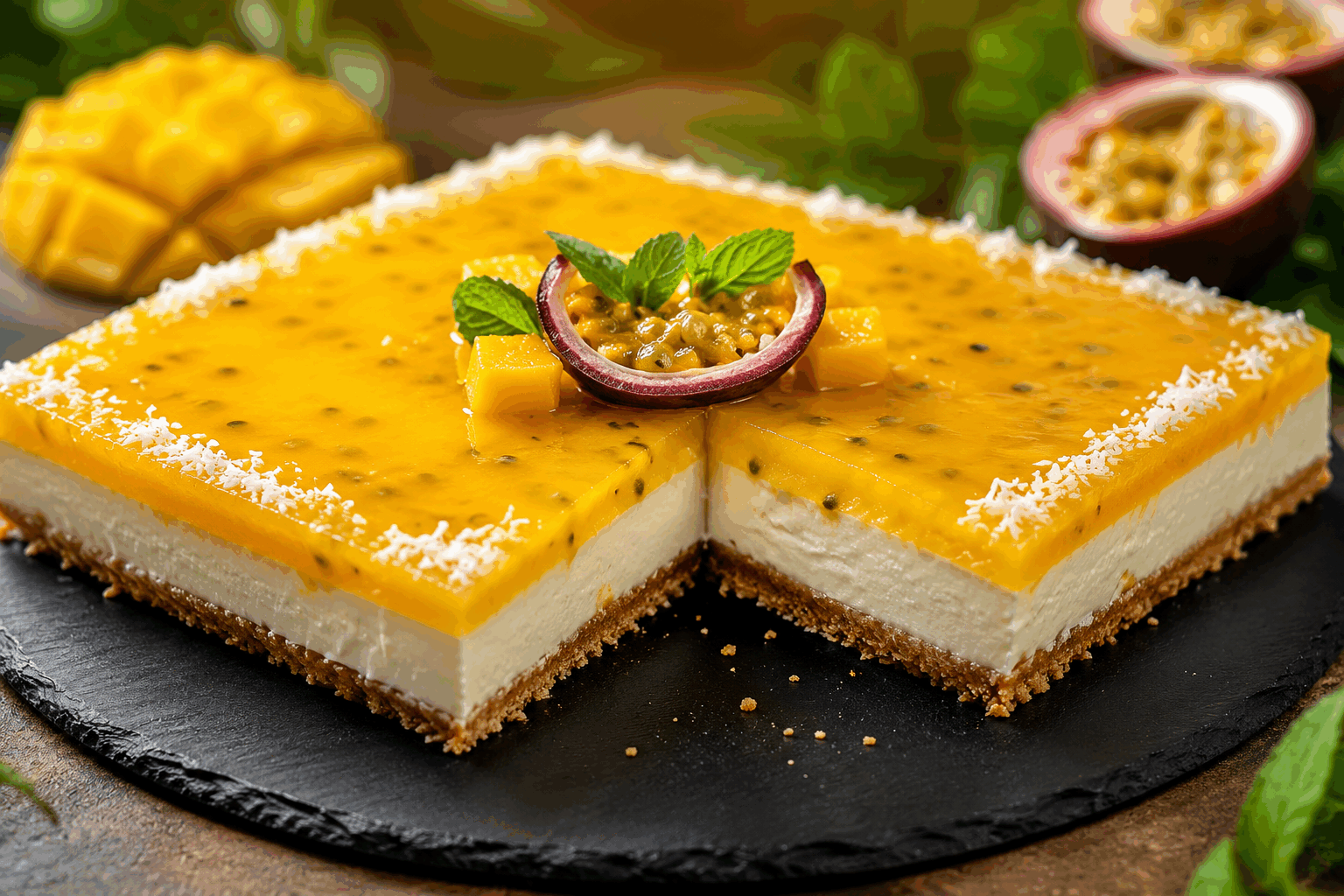 Cheesecake mangue passion sans cuisson, prêt en 5 minutes pour un dessert frais et léger 😍 Description Ce cheesecake sans cuisson associe la douceur de la mangue à l’acidité fraîche du fruit de la passion, pour un dessert léger et rafraîchissant. Facile et rapide à préparer, il convient parfaitement aux journées chaudes ou comme fin de repas légère. Sa texture crémeuse et son goût exotique séduiront tous les amateurs de douceurs fruitées. Informations Temps de préparation : 5 minutes Temps de cuisson : 0 minute Nombre de portions : 6 personnes Difficulté : Facile Ingrédients Pour la base 150 g de biscuits type spéculoos ou petits beurre 60 g de beurre fondu Pour la garniture 400 g de fromage frais type Philadelphia ou Saint Môret 200 g de mangue fraîche coupée en petits dés 100 ml de pulpe de fruit de la passion (environ 3-4 fruits) 80 g de sucre glace 1 citron vert (jus et zestes) 3 feuilles de gélatine ou 6 g de feuille de gélatine halal ou agar-agar selon disponibilité 100 ml de crème liquide entière bien froide Préparation Réduis les biscuits en miettes fines à l’aide d’un robot ou en les écrasant dans un sac plastique avec un rouleau à pâtisserie. Mélange les miettes de biscuits avec le beurre fondu jusqu’à obtention d’une pâte homogène. Tapisse le fond d’un cercle pâtissier ou d’un moule à charnière de 18 cm de diamètre avec ce mélange en pressant bien. Réserve au frais. Fais tremper les feuilles de gélatine dans un bol d’eau froide pendant 5 minutes pour les ramollir. Chauffe légèrement 50 ml de pulpe de fruits de la passion dans une petite casserole sans la faire bouillir. Essore la gélatine et incorpore-la dans la pulpe chaude, mélange bien pour la dissoudre complètement. Laisse tiédir. Bats le fromage frais avec le sucre glace, le jus et les zestes de citron vert, puis ajoute le mélange pulpe-gélatine tiède en continuant de fouetter. Monte la crème liquide en chantilly ferme. Incorpore-la délicatement au mélange précédent avec une spatule. Ajoute enfin les dés de mangue et le reste de pulpe de fruit de la passion, mélange doucement. Verse cette garniture sur la base biscuitée et lisse la surface. Réfrigère au minimum 3 heures pour que le cheesecake prenne bien. Au moment de servir, décore éventuellement avec quelques morceaux de mangue, des graines de fruit de la passion et des feuilles de menthe. Astuces Veille à bien choisir une mangue bien mûre pour une saveur sucrée et parfumée optimale. Si tu manques de temps, tu peux utiliser de la gélatine en poudre : 2 g suffisent pour cette recette. Pour une version vegan, remplace la gélatine par de l’agar-agar (1 g) et utilise une crème fouettée végétale. Prépare ce cheesecake un jour à l’avance pour que les saveurs soient bien développées et la texture optimale. Service Servez ce cheesecake frais, idéal pour clôturer un repas d’été ou pour un brunch gourmand. Accompagnez-le d’un coulis de fruit de la passion ou d’un thé glacé pour un moment de douceur exotique inoubliable.