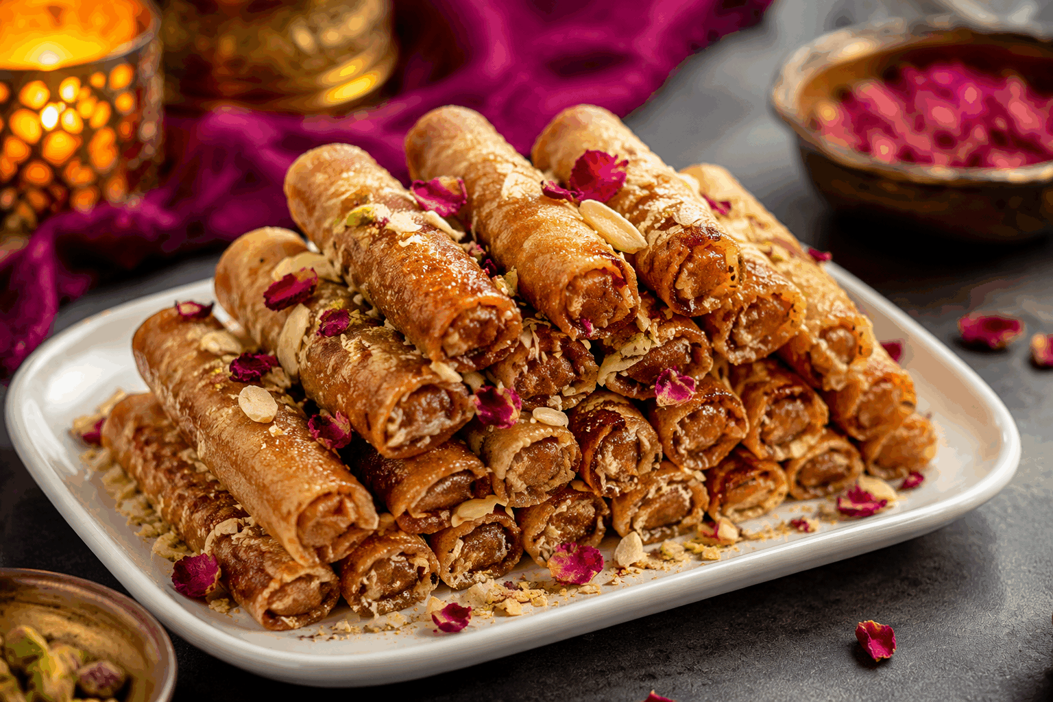 Cigares croustillants aux cacahuètes et miel, prêts en 10 minutes pour Ramadan ✨ Description Ces cigares croustillants allient la douceur du miel à la saveur riche des cacahuètes grillées, enveloppés dans une pâte fine et dorée. Rapides à préparer, ils sont parfaits pour une pause gourmande pendant le Ramadan, apportant un équilibre entre douceur et croquant. Leur texture légère et leur parfum sucré en font un incontournable des desserts festifs. Informations Temps de préparation : 7 minutes Temps de cuisson : 3 minutes Nombre de portions : 8 pièces Difficulté : Facile Ingrédients Pour les cigares 8 feuilles de brick 100 g de cacahuètes décortiquées non salées 3 cuillères à soupe de miel liquide 30 g de beurre fondu 1 cuillère à café d’huile végétale 1 pincée de cannelle en poudre (facultatif) Pour la finition Un filet de miel supplémentaire Quelques cacahuètes concassées Préparation Concassez grossièrement les cacahuètes au mortier ou avec un couteau, puis mélangez-les dans un bol avec le miel liquide et la pincée de cannelle si désirée. Coupez chaque feuille de brick en deux, puis déposez une cuillère à soupe du mélange miel-cacahuètes à l'extrémité de chaque demi-feuille. Repliez les côtés vers l’intérieur et roulez fermement chaque demi-feuille pour former un cigare. Badigeonnez l'extérieur avec du beurre fondu à l’aide d’un pinceau. Chauffez l’huile dans une grande poêle à feu moyen. Faites frire les cigares 1 à 2 minutes de chaque côté, jusqu’à ce qu’ils soient bien dorés et croustillants. Égouttez sur du papier absorbant, puis disposez sur un plat de service. Nappez d’un filet de miel et parsemez de cacahuètes concassées pour la décoration. Astuces Pour un goût plus intense, faites légèrement griller les cacahuètes avant de les concasser. Utilisez du miel liquide de bonne qualité pour faciliter le mélange et l’enrobage des cigares. Si vous manquez de temps, vous pouvez les cuire au four à 200°C pendant 5 minutes, mais la friture apporte un croustillant supérieur. Conservez les cigares à température ambiante et consommez-les rapidement pour garder tout leur croquant. Service Servez les cigares croustillants aux cacahuètes et miel tièdes, accompagnés d’une tasse de thé à la menthe ou d’un café léger. Ils constituent une douceur idéale pour rompre le jeûne lors du Ramadan ou pour tout moment gourmand en famille ou entre amis.