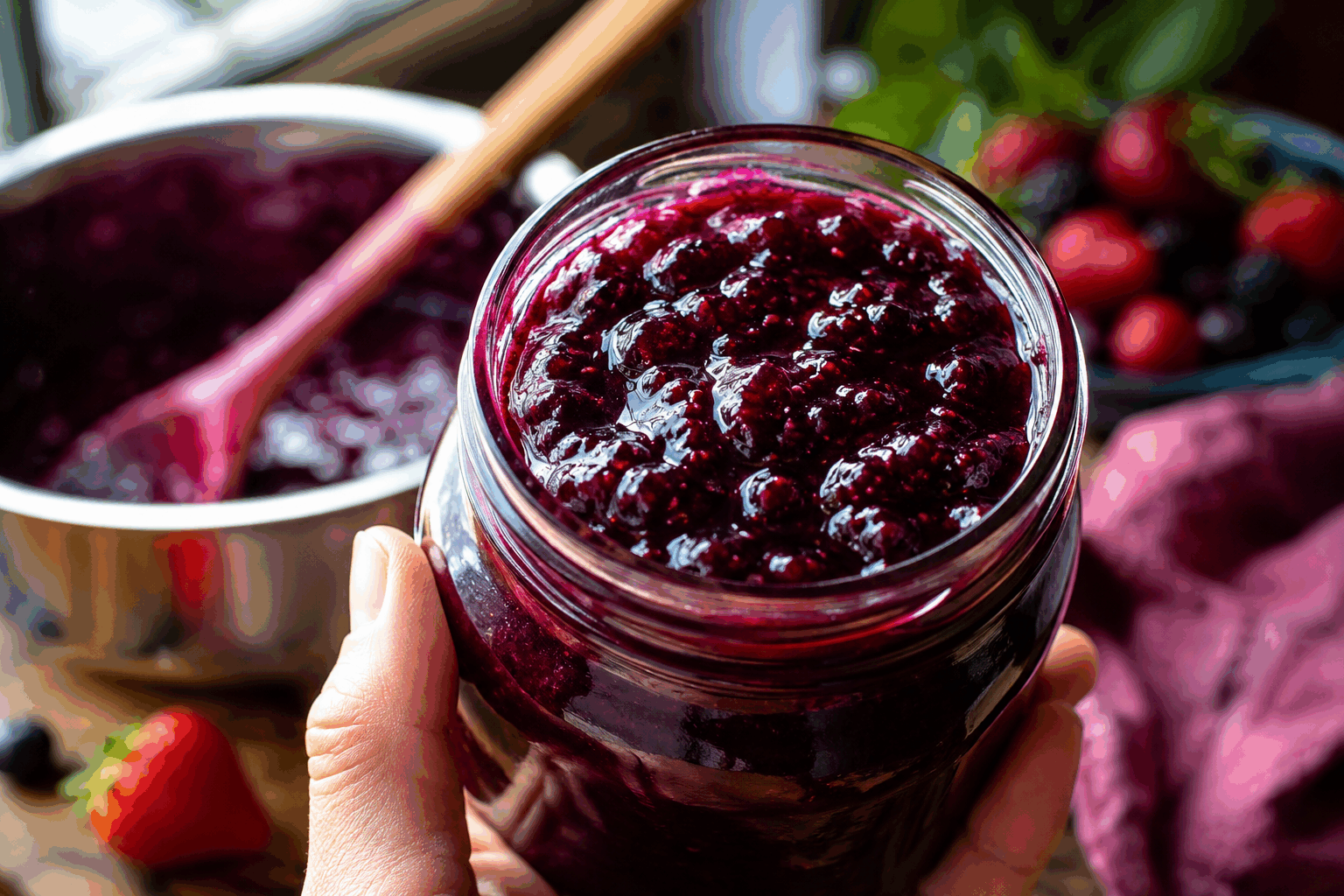 Confiture maison aux fruits des bois en 5 minutes, sans sucre ajouté, un régal délicieux ! 🍓✨ Description Cette confiture express aux fruits des bois est une explosion de fraîcheur et de saveurs naturelles. Sans sucre ajouté, elle est légère et délicieusement fruitée, parfaite pour les petits déjeuners sains ou les goûters gourmands. Son goût acidulé et sa texture légèrement épaisse rappellent les confitures traditionnelles, mais en version allégée et rapide. Informations Temps de préparation : 5 minutes Temps de cuisson : 5 minutes Nombre de portions : 4 à 6 portions Difficulté : Facile Ingrédients Pour la confiture aux fruits des bois 300 g de fruits des bois mélangés (fraises, framboises, myrtilles, mûres) 1 citron jaune (jus et zeste finement râpé) 2 cuillères à soupe de miel liquide ou sirop d'agave (facultatif) 2 cuillères à soupe d'eau 1 cuillère à café d'agar-agar (optionnel pour une texture plus ferme) Préparation Rince délicatement les fruits des bois et égoutte-les. Dans une casserole, verse les fruits, ajoute le jus et le zeste du citron, ainsi que l’eau. Si tu souhaites un peu plus de douceur, ajoute le miel ou le sirop d’agave. Mets la casserole à feu moyen, porte à ébullition, puis baisse le feu pour laisser mijoter doucement pendant 5 minutes en remuant régulièrement pour éviter que ça colle. Si tu choisis d’utiliser l’agar-agar, dilue-le dans une cuillère à soupe d’eau froide et ajoute-le aux fruits à ébullition. Remue bien et laisse cuire encore 1 minute. Hors du feu, écrase légèrement les fruits à l’aide d’une fourchette ou d’un presse-purée pour obtenir une texture légèrement épaisse avec des morceaux. Verse la confiture dans un pot propre et stérilisé, ferme-le puis retourne-le quelques minutes pour créer un vide d’air. Astuces Pour une saveur plus intense, laisse macérer les fruits avec le citron et le miel 1 à 2 heures au frais avant la cuisson. Si tu préfères une texture plus lisse, mixe la confiture avec un mixeur plongeant après la cuisson. Conserve ta confiture au réfrigérateur et consomme-la dans les 10 jours pour profiter au mieux de ses bienfaits naturels. Tu peux varier les fruits selon la saison : framboises, mûres, fraises ou même un mélange avec quelques groseilles pour plus d’acidité. Service Sers cette confiture maison sur des tartines de pain complet, du fromage blanc, ou encore en accompagnement d’un yaourt nature. Elle est idéale pour un petit déjeuner vitaminé ou un goûter gourmand sans culpabilité. Son absence de sucre ajouté la rend également parfaite pour les repas plus légers ou les régimes équilibrés.