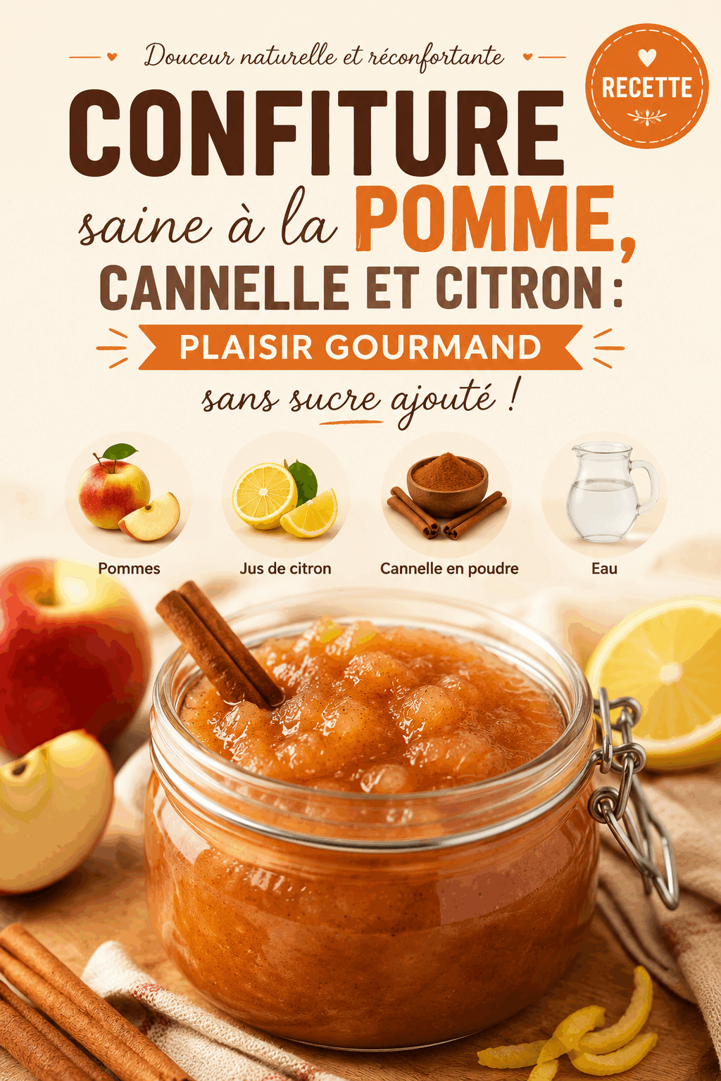 Confiture saine à la pomme, cannelle et citron : plaisir gourmand sans sucre ajouté !