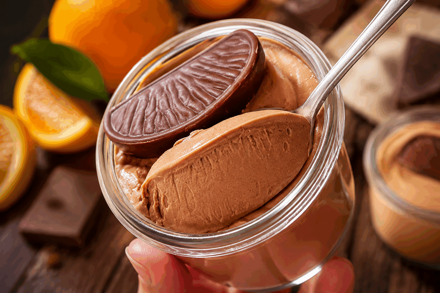 Crème chocolat orange express en 5 minutes, seulement 3 ingrédients et sans œufs 🍫🍊 Description Cette crème chocolat orange est une préparation rapide et gourmande, idéale pour un dessert improvisé. Sa texture onctueuse et fondante révèle un subtil mariage entre la douceur du chocolat et la fraîcheur acidulée de l'orange. Parfaite pour une petite pause sucrée ou pour conclure un repas avec légèreté. Informations Temps de préparation : 5 minutes Temps de cuisson : 0 minute Nombre de portions : 2 personnes Difficulté : Facile Ingrédients Pour la crème chocolat orange 150 ml de crème liquide entière 100 g de chocolat noir (minimum 60% de cacao) 1 orange (jus et zeste) Préparation Râpe finement le zeste de l’orange puis presse-la pour en extraire le jus. Dans un bol, casse le chocolat en morceaux et ajoute la crème liquide. Fais fondre le chocolat et la crème au bain-marie ou au micro-ondes par tranches de 30 secondes, en remuant entre chaque, jusqu’à obtenir une ganache lisse. Incorpore le jus et le zeste d’orange à la ganache en mélangeant bien pour parfumer la crème. Laisse tiédir quelques minutes à température ambiante pour que la crème épaississe légèrement. Répartis la crème dans deux verrines ou petits bols et place-les au réfrigérateur pendant 2 minutes pour une texture fraîche et fondante immédiatement. Astuces Utilise une orange bio pour bénéficier d’un zeste sans pesticides et d’un parfum plus intense. Privilégie un chocolat noir de qualité pour un goût plus riche et équilibré avec l’orange. Si tu souhaites une crème plus épaisse, laisse reposer la préparation 10 minutes au frais. Varie les plaisirs en ajoutant une pincée de cannelle ou de gingembre pour relever la saveur. Service Servez cette crème chocolat orange bien fraîche dans de petites verrines, accompagnée éventuellement de quelques éclats de biscuit croquant ou d’une feuille de menthe. Idéale pour une fin de repas légère ou un goûter gourmand improvisé.