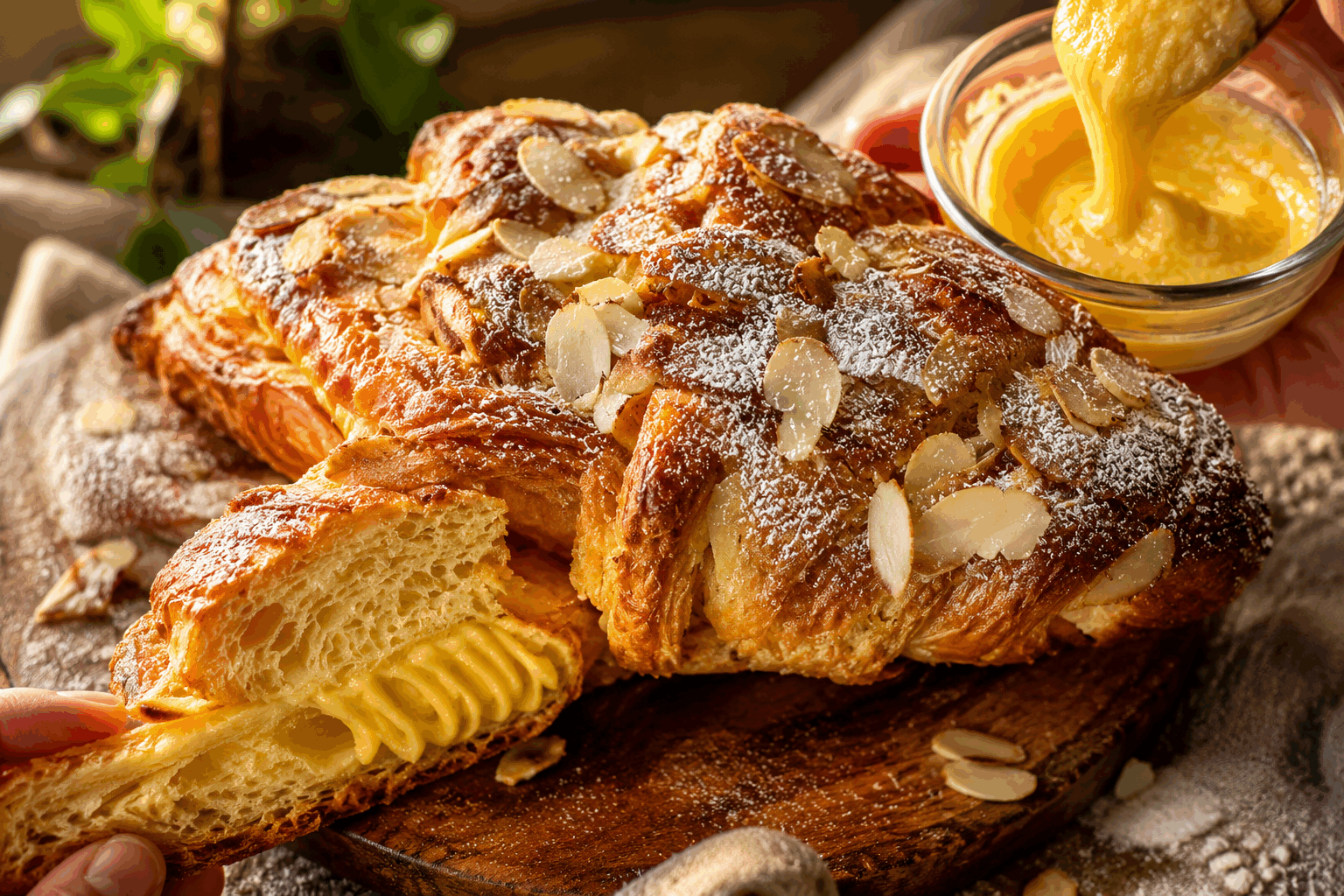 Croissants aux amandes maison en 15 minutes, le secret d’une pâte fondante et croustillante 😍 Description Ces croissants aux amandes maison allient une pâte fondante et un croustillant irrésistible. En seulement 15 minutes de préparation, ils offrent un goût généreux grâce à leur crème d’amandes gourmande et une finition dorée et croustillante. Idéaux pour un petit-déjeuner ou un goûter plein de douceur et de raffinement. Informations Temps de préparation : 15 minutes Temps de cuisson : 15 minutes Nombre de portions : 6 pièces Difficulté : Facile Ingrédients Pour la pâte 1 pâte feuilletée prête à dérouler (230 g) Pour la garniture 100 g de poudre d’amandes 80 g de sucre glace 80 g de beurre mou 1 œuf 1 cuillère à soupe de farine Quelques gouttes d’extrait d’amande amère (facultatif) Quelques amandes effilées pour la décoration 1 jaune d’œuf + 1 cuillère à soupe de lait pour la dorure Sucre glace pour saupoudrer (optionnel) Préparation Préchauffe le four à 180°C (chaleur tournante de préférence). Mélange dans un bol la poudre d’amandes, le sucre glace, le beurre mou, l’œuf, la farine et l’extrait d’amande amère jusqu’à obtenir une crème homogène. Déroule la pâte feuilletée et découpe-la en 6 triangles égaux. Dépose une cuillère à soupe de crème d’amandes sur la base de chaque triangle. Roulez chaque triangle délicatement de la base vers la pointe, en serrant bien pour former un croissant. Dispose les croissants sur une plaque recouverte de papier cuisson, en courbant légèrement les extrémités. Badigeonne les croissants avec le mélange jaune d’œuf et lait pour obtenir une belle dorure. Parseme les amandes effilées sur les croissants puis enfourne pendant 15 minutes, jusqu’à ce qu’ils soient bien dorés et croustillants. À la sortie du four, laisse tiédir et saupoudre éventuellement de sucre glace avant de servir. Astuces Utilise une pâte feuilletée de qualité, assez fraîche pour assurer le croustillant parfait. Pense à ne pas trop garnir les croissants pour éviter que la pâte ne se déchire à la cuisson. Si tu n’as pas d’extrait d’amande amère, remplace-le par un peu d’extrait de vanille pour varier les saveurs. Pour un résultat encore plus gourmand, ajoute un peu de confiture d’abricot sous la crème d’amande avant de rouler les croissants. Service Servez ces croissants aux amandes tièdes, accompagnés d’un café ou d’un chocolat chaud pour un petit-déjeuner ou un goûter convivial et gourmand. Ils se dégustent aussi très bien seuls en dessert léger, pour une touche sucrée à tout moment de la journée.