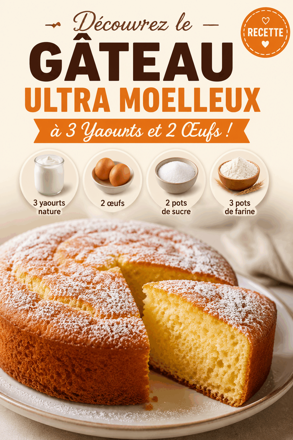 Découvrez le Gâteau Ultra Moelleux à 3 Yaourts et 2 Œufs !