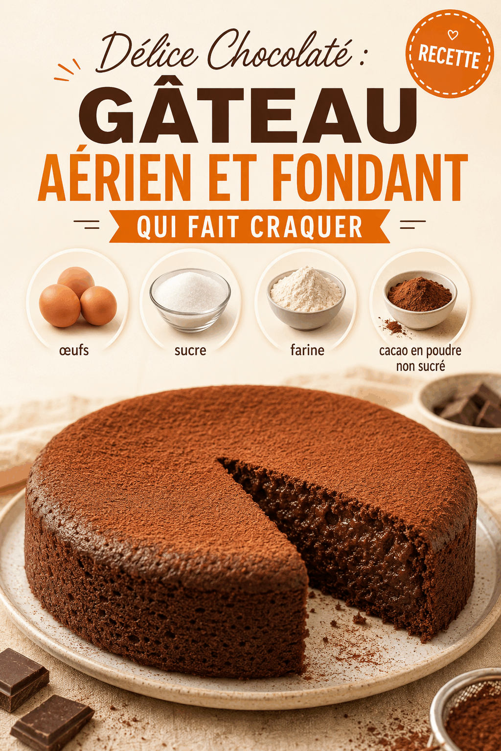 Délice Chocolaté : Gâteau Aérien et Fondant Qui Fait Craquer