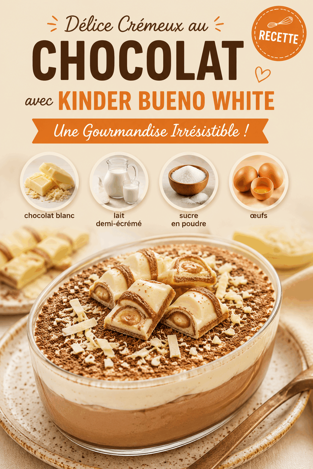Délice Crémeux au Chocolat avec Kinder Bueno White : Une Gourmandise Irrésistible !
