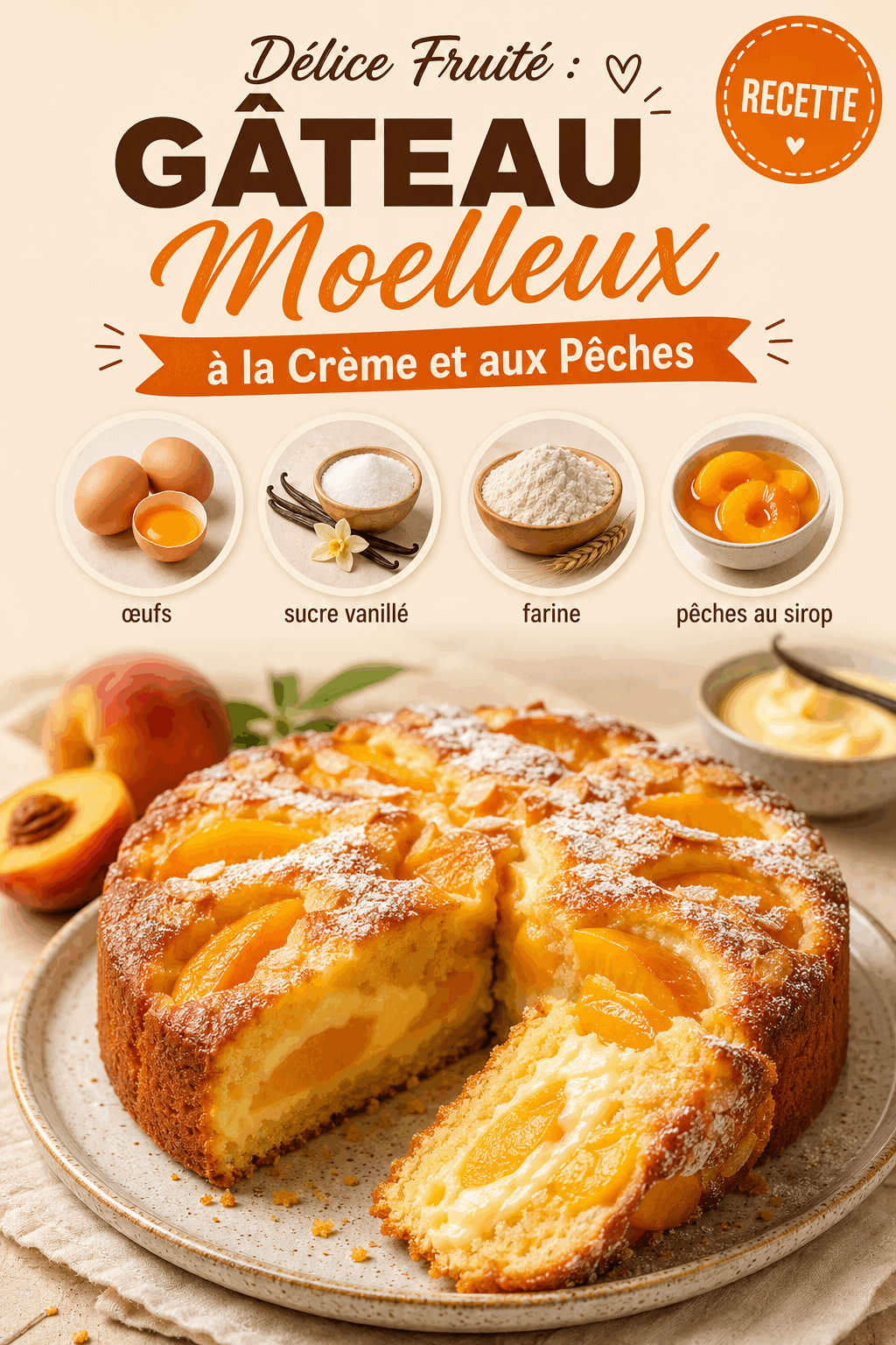 Délice Fruité : Gâteau Moelleux à la Crème et aux Pêches