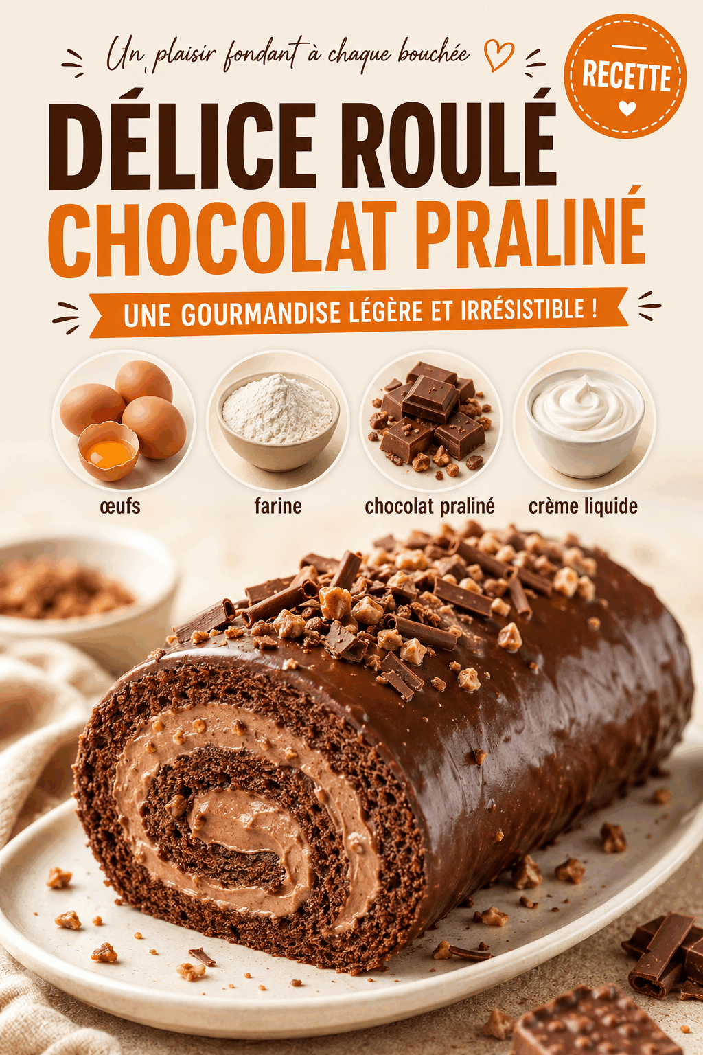 Délice Roulé Chocolat Praliné – Une Gourmandise Légère et Irrésistible !