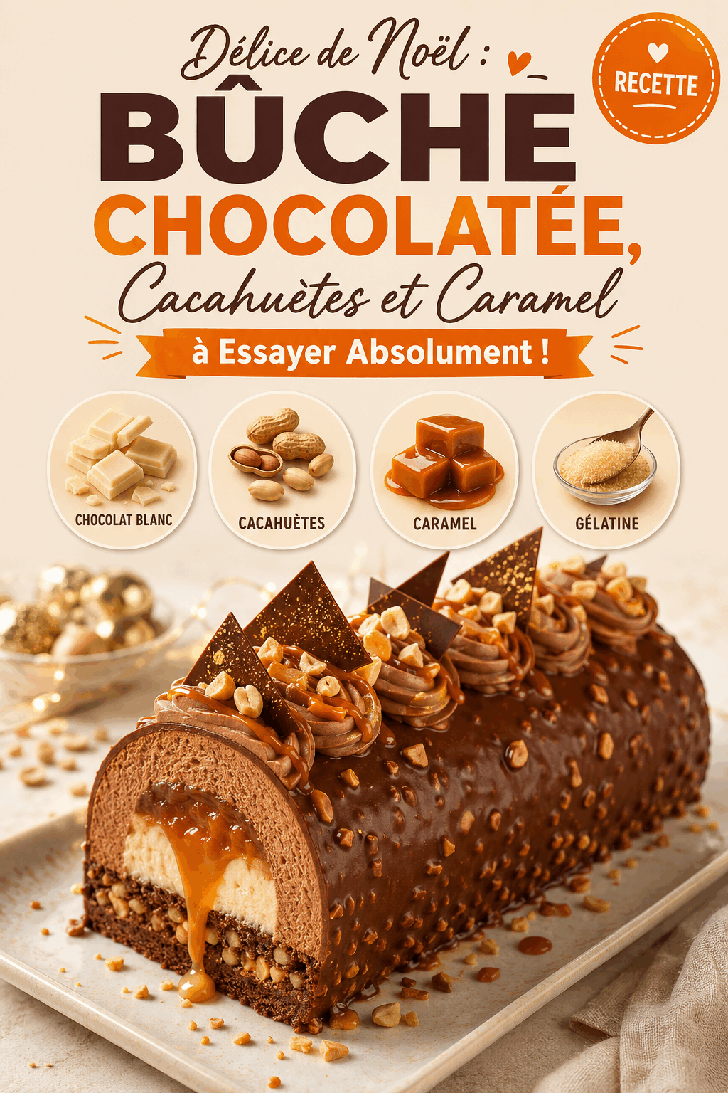 Délice de Noël : Bûche Chocolatée, Cacahuètes et Caramel à Essayer Absolument !