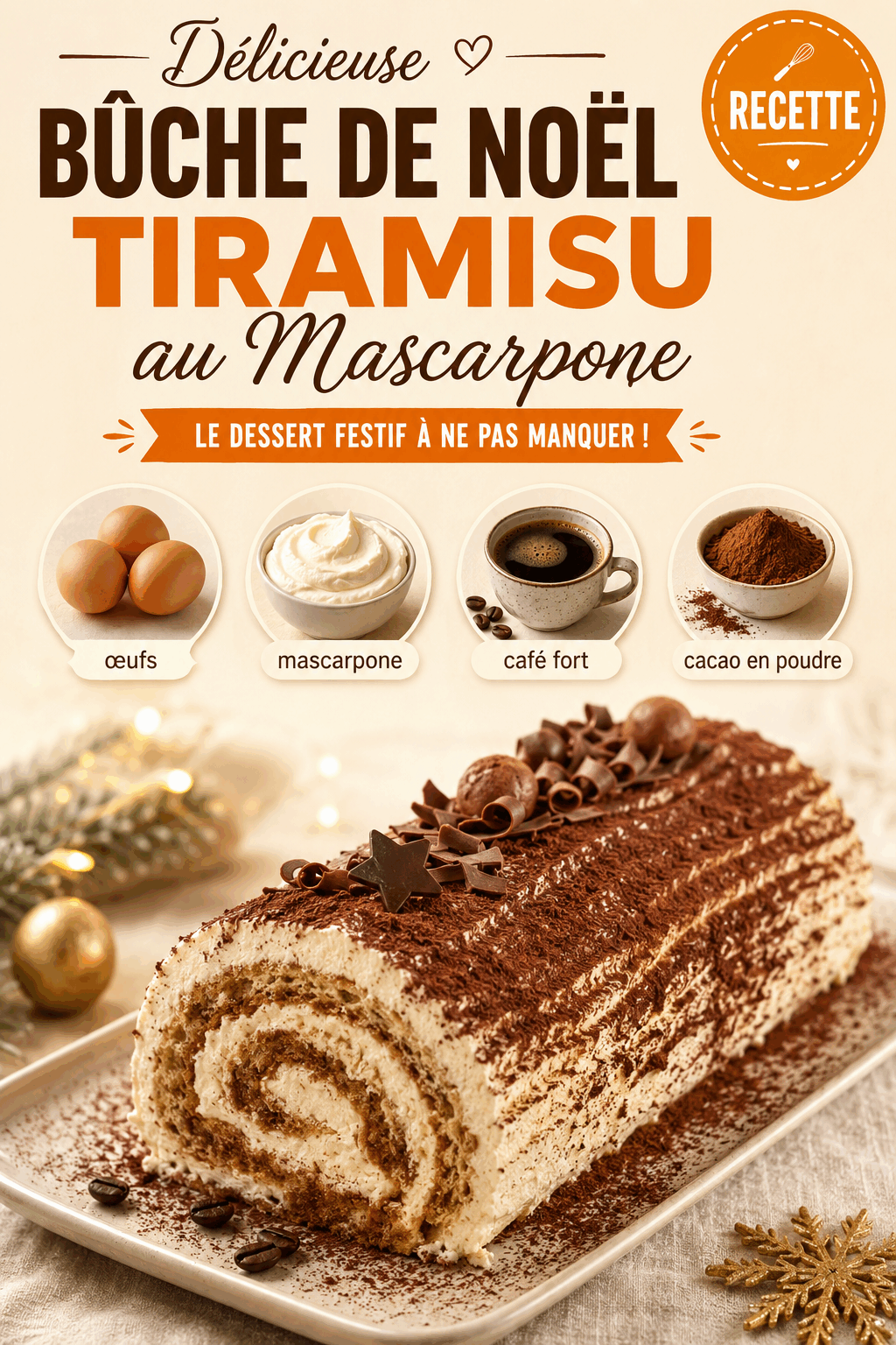 Délicieuse Bûche de Noël Tiramisu au Mascarpone – Le Dessert Festif à Ne Pas Manquer !