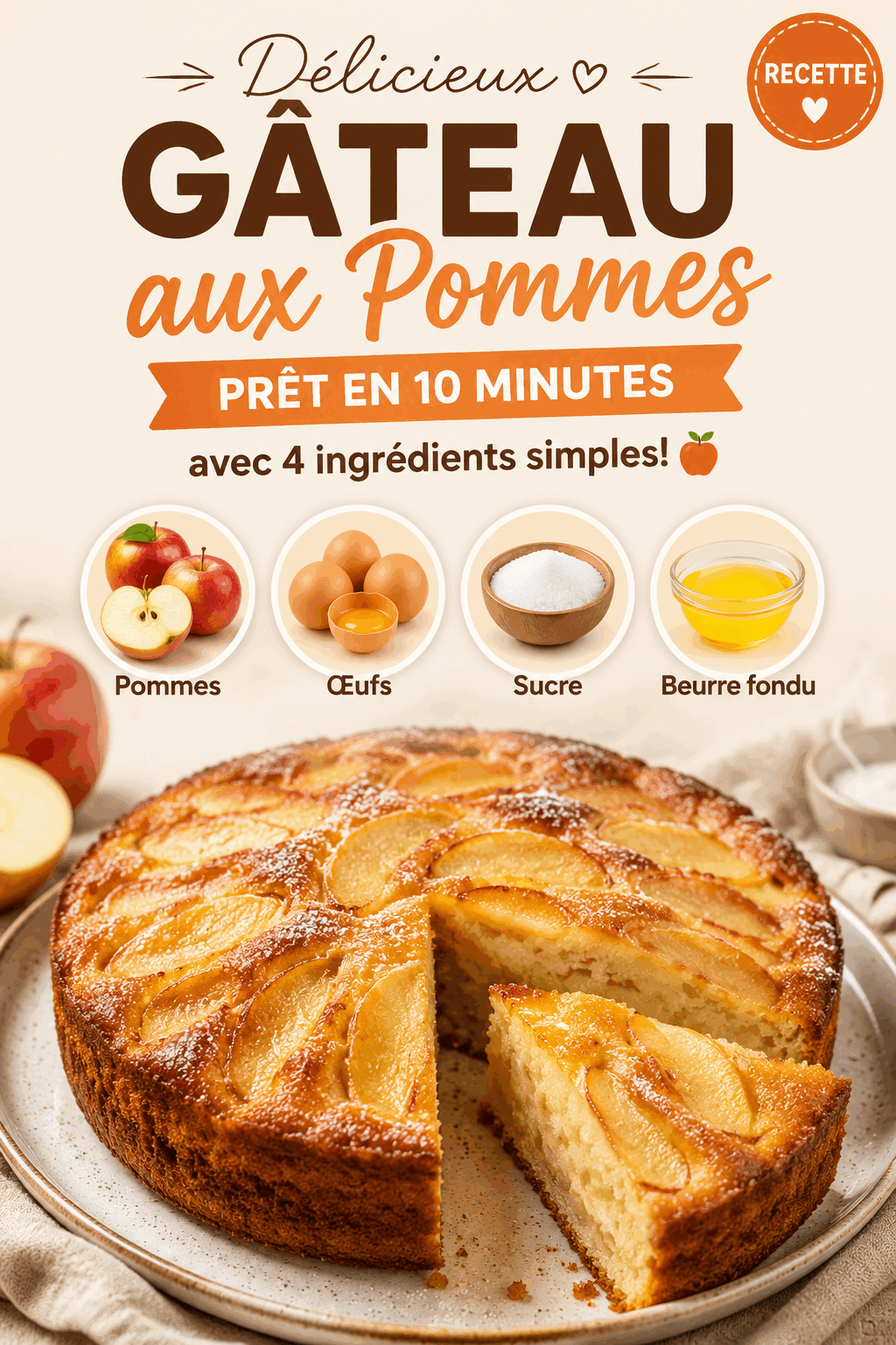 Délicieux Gâteau aux Pommes Prêt en 10 Minutes avec 4 Ingrédients Simples! 🍎