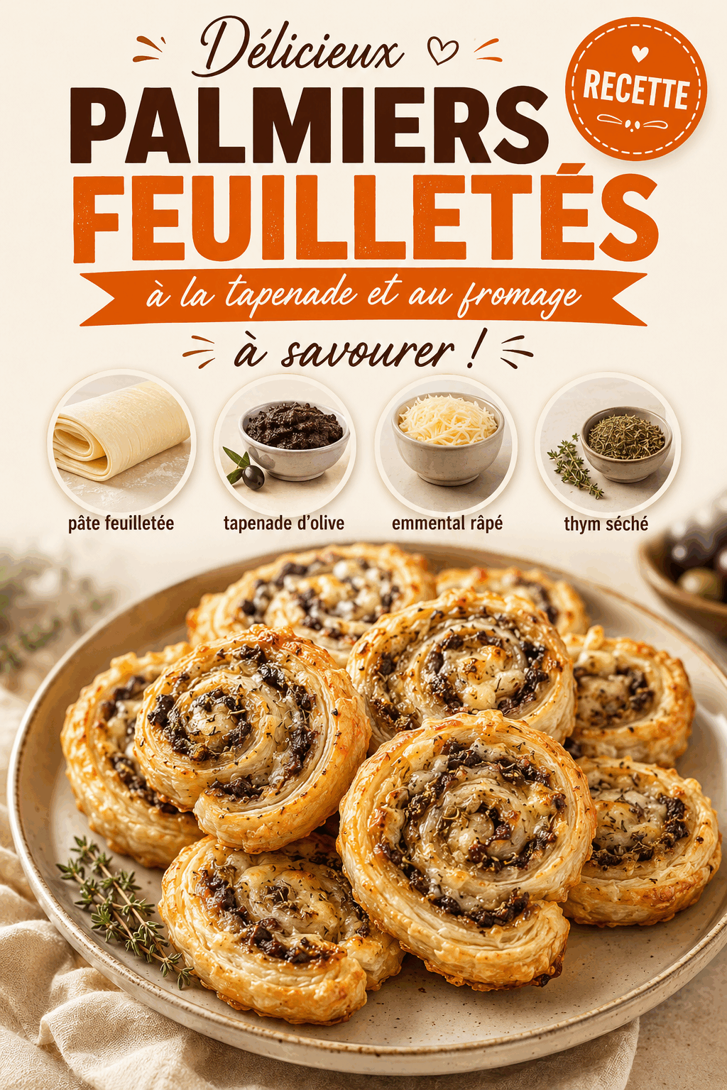 Délicieux palmiers feuilletés à la tapenade et au fromage à savourer !