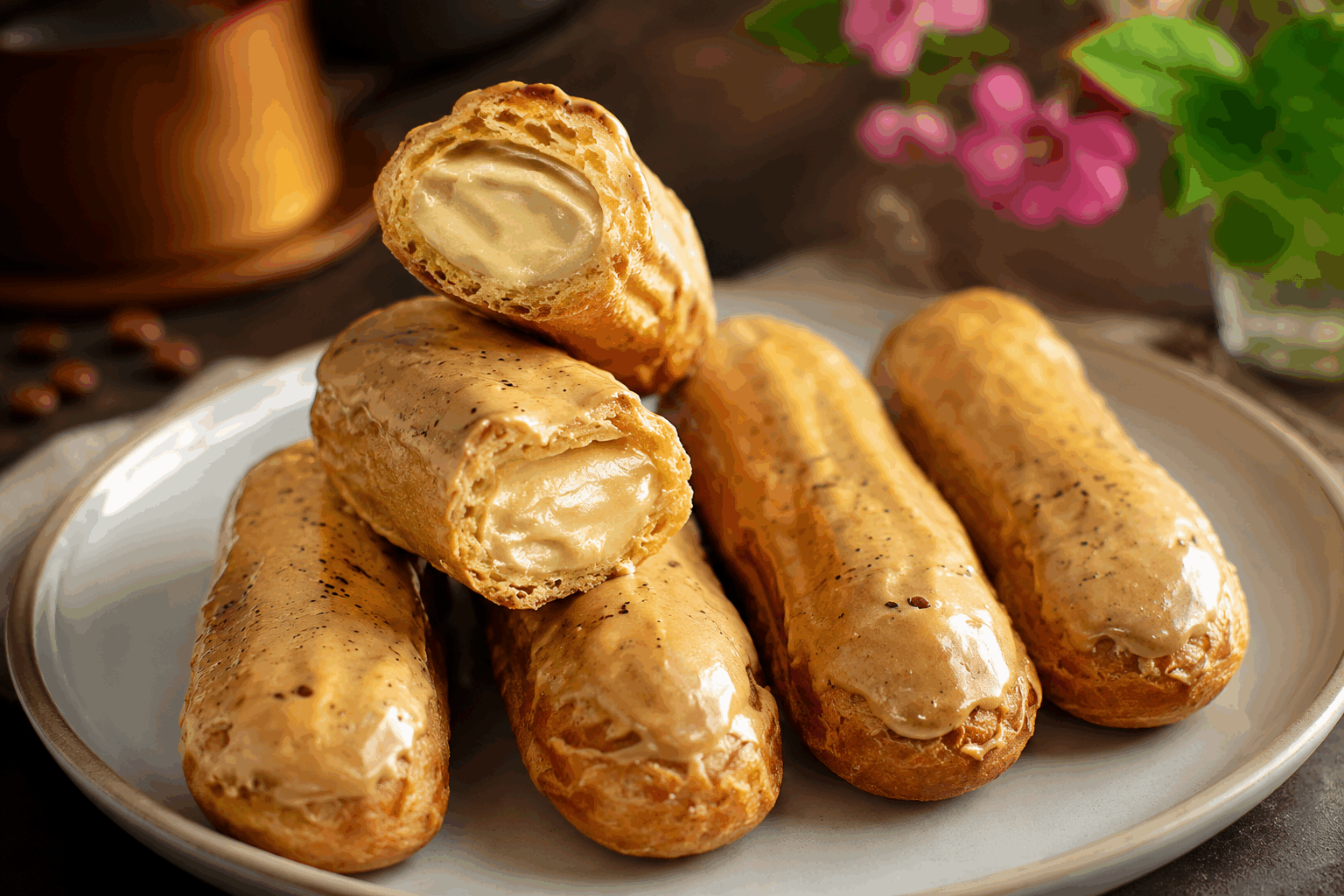 Des éclairs au café maison en 5 minutes, un délice qui fond en bouche 😋👌 Description Ces éclairs au café faits maison sont une gourmandise rapide et savoureuse, idéale pour les amateurs de café et de pâtisserie. Leur pâte légère et leur crème onctueuse au goût de café offrent une expérience fondante en bouche. Parfaits pour un goûter express ou une fin de repas douce et raffinée. Informations Temps de préparation : 5 minutes Temps de cuisson : 25 minutes Nombre de portions : 6 éclairs Difficulté : Moyenne Ingrédients Pour la pâte à choux 125 ml d'eau 50 g de beurre 75 g de farine 2 œufs moyens 1 pincée de sel Pour la crème pâtissière au café 250 ml de lait 3 jaunes d'œufs 50 g de sucre 20 g de farine ou de maïzena 1 cuillère à soupe de café soluble Pour le glaçage 100 g de sucre glace 1 cuillère à café de café soluble dilué dans 10 ml d'eau chaude Préparation Préchauffe le four à 200°C (chaleur tournante préférable). Prépare la pâte à choux : dans une casserole, porte à ébullition l'eau, le beurre et le sel. Hors du feu, ajoute la farine en une fois et mélange vivement jusqu'à ce que la pâte forme une boule homogène qui se détache des parois. Transfère la pâte dans un saladier, laisse tiédir 2 minutes puis incorpore les œufs un à un en mélangeant bien entre chaque addition pour obtenir une pâte lisse et légèrement brillante. Dépose la pâte dans une poche à douille munie d’une douille lisse et forme 6 boudins d’environ 12 cm de long sur une plaque recouverte de papier cuisson. Enfourne pour 20 à 25 minutes sans ouvrir la porte du four pour éviter que les éclairs ne retombent. Laisse refroidir sur une grille. Prépare la crème pâtissière : fais chauffer le lait avec le café soluble jusqu’à légère ébullition. Dans un bol, fouette les jaunes d’œufs avec le sucre puis ajoute la farine. Verse le lait chaud petit à petit sur le mélange en fouettant. Remets le tout dans la casserole et fais cuire à feu moyen sans cesser de remuer jusqu’à épaississement. Verse dans un plat, filme au contact et laisse refroidir. Incise les éclairs sur le dessous ou au centre avec un couteau et remplis-les de crème au café à l’aide d’une poche à douille. Prépare le glaçage en mélangeant le sucre glace avec le café dilué. Nappe le dessus des éclairs à l’aide d’une spatule, puis laisse durcir 15 minutes avant de servir. Astuces Pour une pâte bien aérée, ajoute les œufs à température ambiante et incorpore-les un à un sans en mettre trop d’un coup. Ne jamais ouvrir le four pendant la cuisson des éclairs, sous peine de les faire retomber. Le glaçage doit être ni trop liquide ni trop épais, ajuste la consistance avec un peu d’eau ou de sucre glace selon le besoin. Si vous n’avez pas de café soluble, utilisez un espresso bien concentré refroidi pour parfumer la crème et le glaçage. Service Sers ces éclairs au café sur une belle assiette, accompagnés d’un café noir ou d’un thé léger. Ils font un dessert et un goûter rapides parfaits pour impressionner sans passer des heures en cuisine.