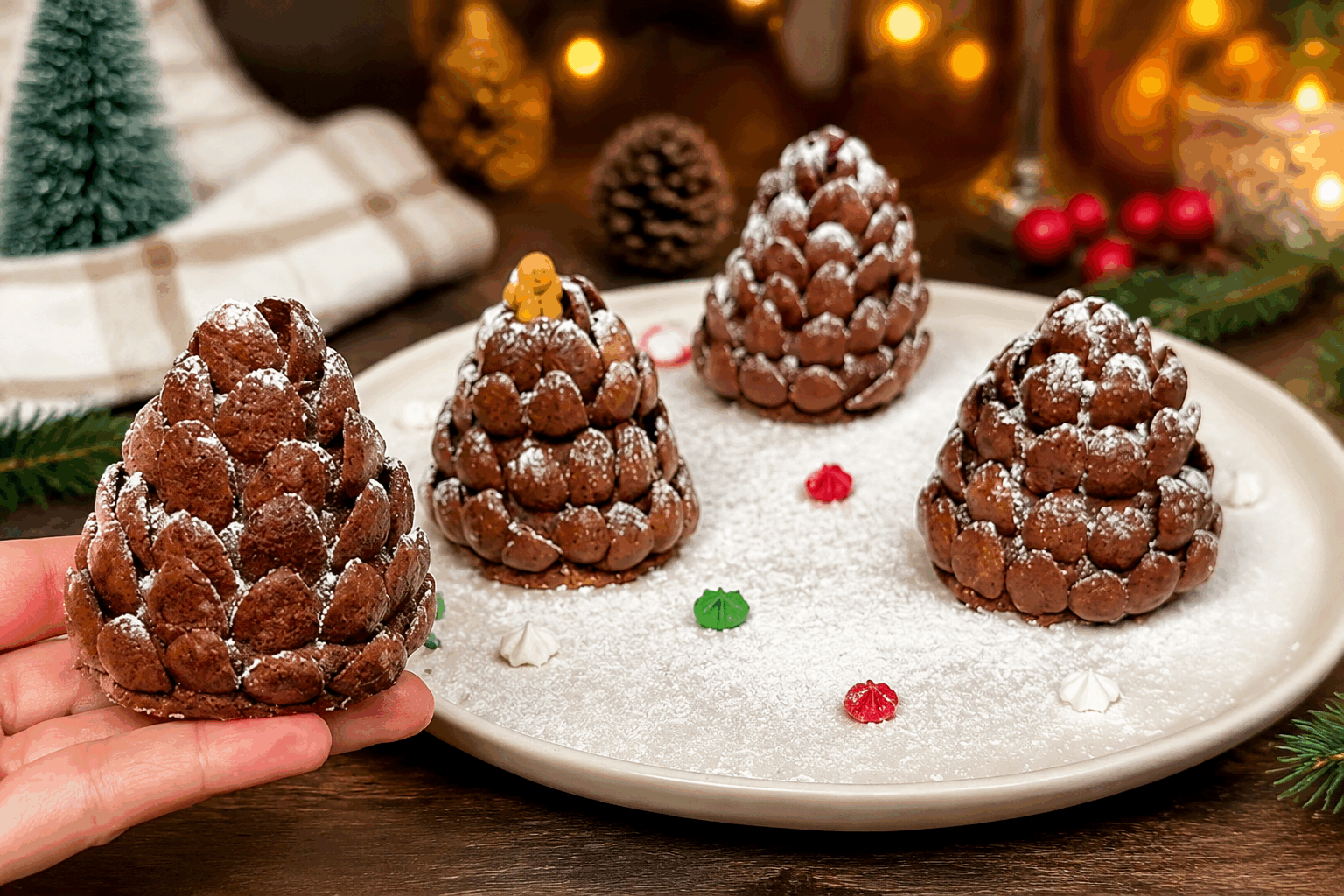En seulement 10 minutes, réalisez ce dessert de Noël pomme de pin qui épate à coup sûr 🎄👌 Description Ce dessert de Noël original en forme de pomme de pin est un véritable régal pour les yeux et les papilles. Facile et rapide à réaliser, il allie douceur et croquant grâce à une base de biscuit croustillant et une crème mascarpone légère. Parfait pour les fêtes, il apporte une touche festive et élégante à votre table. Informations Temps de préparation : 10 minutes Temps de cuisson : 0 minute Nombre de portions : 6 pièces Difficulté : Facile Ingrédients Pour la base et la décoration 100 g de biscuits sablés ou petits beurre 50 g de chocolat au lait 30 g d’amandes effilées Quelques noisettes entières pour la pointe Pour la crème 250 g de mascarpone 2 cuillères à soupe de sucre glace 1 cuillère à café d’extrait de vanille Quelques gouttes de jus de citron Préparation Émiette finement les biscuits sablés dans un bol. Fais fondre doucement le chocolat au bain-marie ou au micro-ondes. Mélange le mascarpone avec le sucre glace, l’extrait de vanille et le jus de citron jusqu’à obtenir une crème lisse. Incorpore la moitié du chocolat fondu dans les biscuits émiettés pour obtenir une texture sableuse mais légèrement collante. Forme des petits cônes en forme de pomme de pin à partir du mélange biscuit-chocolat, en pressant bien dans la paume de la main. Dépose une couche de crème mascarpone sur chaque cône à l’aide d’une petite spatule ou d’une poche à douille. Colle délicatement les amandes effilées sur la crème en les disposant en rangées serrées, de bas en haut, pour imiter les écailles de la pomme de pin. Pour la pointe, pose une noisette entière sur le sommet de chaque pomme de pin. Laisse reposer 5 minutes au réfrigérateur pour que la crème prenne un peu et que les pommes de pin soient plus fermes. Astuces Utilise des biscuits bien croustillants pour une meilleure tenue et un contraste de textures. Si tu n’as pas de noisettes, remplace-les par des éclats de pistache ou des morceaux de noix. Pour un effet encore plus gourmand, ajoute quelques copeaux de chocolat blanc sur la crème avant de poser les amandes. Travaille rapidement pour que la crème ne fonde pas trop, surtout si elle est chaude dans la pièce. Service Présente ces pommes de pin sur un joli plat de service ou une assiette décorée de branches de sapin et de petits sujets de Noël. Elles conviennent parfaitement en fin de repas lors d’un réveillon ou comme douce pause gourmande autour d’un café ou d’un thé. Leur joli visuel festif saura épater petits et grands !