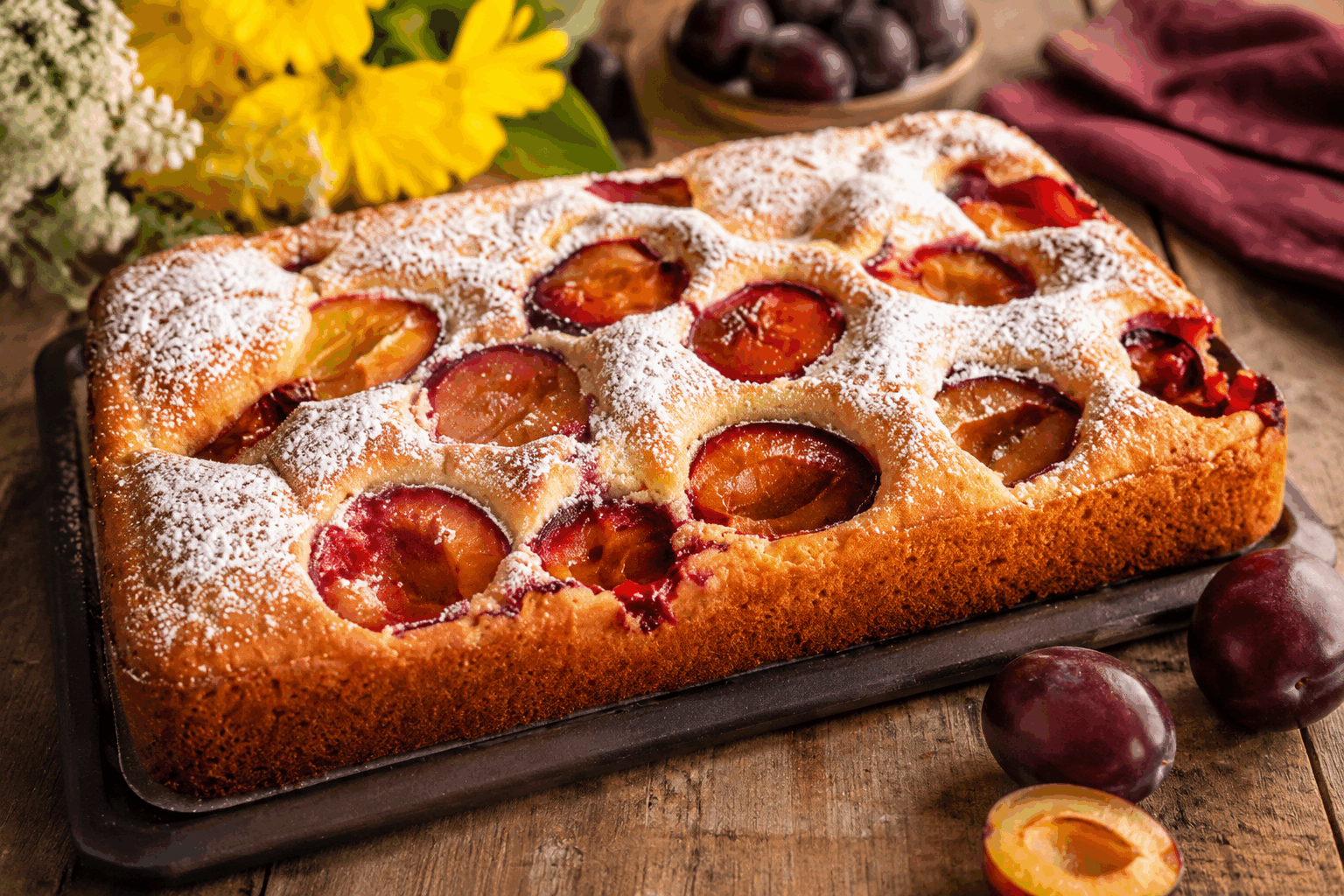 Gâteau aux prunes en 5 minutes Description Ce gâteau aux prunes se distingue par sa rapidité d’exécution et sa texture fondante en bouche. Léger et fruité, il met en valeur la douceur acidulée des prunes, parfait pour une pause gourmande ou un dessert improvisé. Idéal pour les saisons où les prunes sont de saison, il ravira petits et grands. Informations Temps de préparation : 5 minutes Temps de cuisson : 20 minutes Nombre de portions : 6 personnes Difficulté : Facile Ingrédients Pâte à gâteau 150 g de farine 100 g de sucre en poudre 2 œufs 10 cl de lait 50 g de beurre fondu 1 sachet de levure chimique (environ 10 g) 1 pincée de sel Garniture 300 g de prunes dénoyautées et coupées en deux 1 cuillère à soupe de sucre roux (facultatif) Préparation Préchauffe le four à 180°C (th. 6). Mélange la farine, la levure, le sucre et la pincée de sel dans un saladier. Ajoute les œufs un à un tout en fouettant, puis incorpore le lait et le beurre fondu pour obtenir une pâte lisse et homogène. Verse la pâte dans un moule beurré ou tapissé de papier cuisson. Dispose les prunes coupées en deux, face coupée vers le haut, sur la pâte en les enfonçant légèrement. Parseme éventuellement de sucre roux pour caraméliser légèrement la surface. Enfourne pour environ 20 minutes, jusqu’à ce que le gâteau soit bien doré et qu’un couteau inséré ressorte propre. Laisse tiédir avant de démouler pour que le gâteau se tienne parfaitement. Astuces Utilise des prunes bien mûres et parfumées pour un maximum de goût. Si tu manques de temps, utilise un four ventilé pour réduire légèrement le temps de cuisson. Remplace le lait par du lait végétal (amande, soja) pour une version sans lactose. Pour une texture encore plus fondante, ajoute 1 cuillère à soupe de crème fraîche dans la pâte. Service Servez ce gâteau tiède ou froid, accompagné d’une boule de glace à la vanille ou d’une cuillerée de crème fraîche épaisse. Parfait pour un goûter gourmand ou un dessert léger après un repas estival.