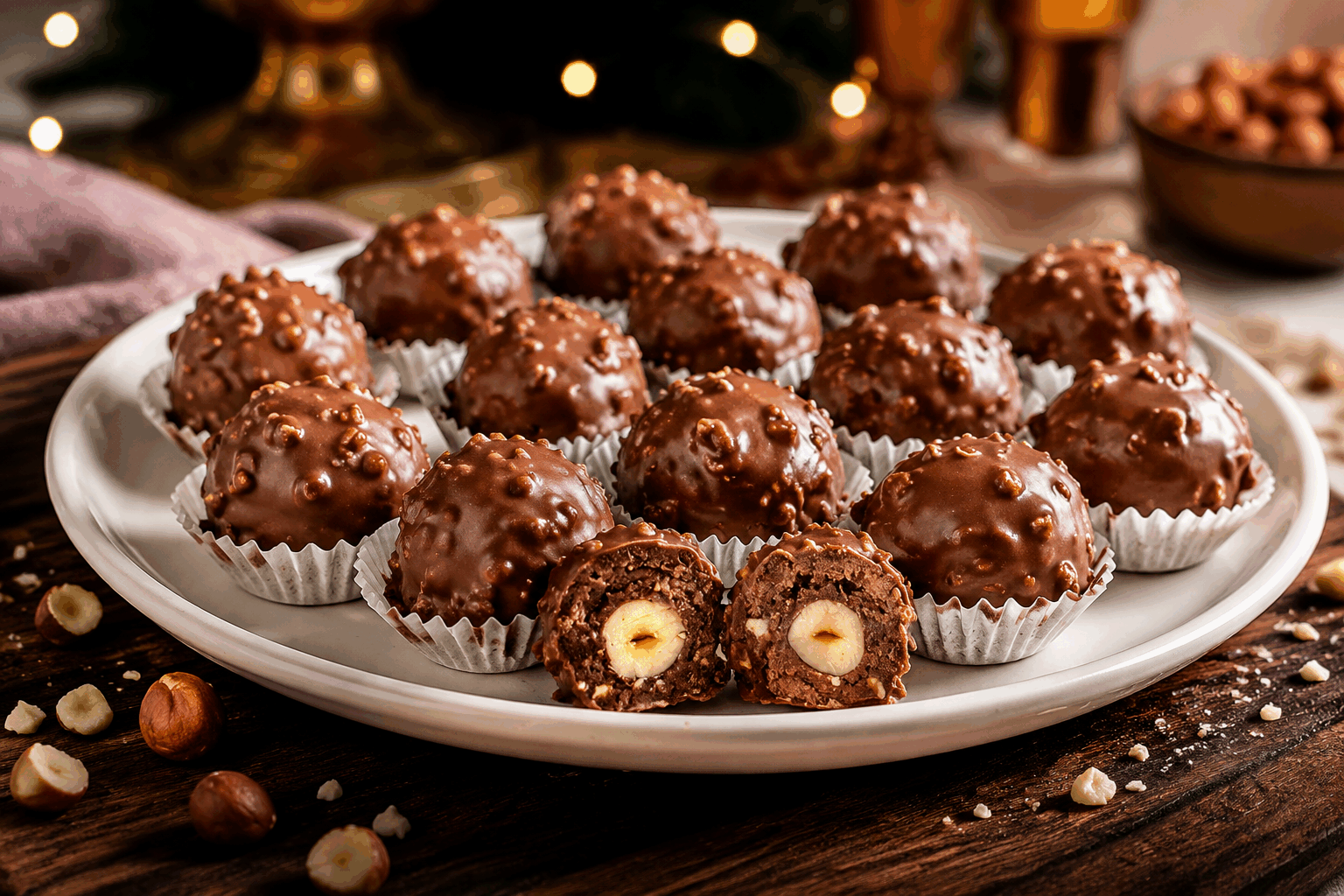 Ferrero Rocher maison en 10 minutes, sans cuisson ni prise de tête ✨ Description Ces Ferrero Rocher maison sont des douceurs croustillantes et fondantes, idéales pour les amateurs de chocolat et de noisettes. Faciles et rapides à préparer sans cuisson, ils reproduisent la célèbre gourmandise en version simple et savoureuse. Parfaits pour offrir ou accompagner un café lors d’un goûter convivial. Informations Temps de préparation : 10 minutes Temps de cuisson : 0 minute Nombre de portions : 12 pièces Difficulté : Facile Ingrédients Pour les boules au chocolat et noisette 150 g de chocolat au lait 100 g de noisettes entières 100 g de pralinoise 50 g de biscuits secs (type petits beurre ou biscuits sablés) 60 g de pâte de noisette (ou crème de noisette) 30 g de beurre doux Pour l’enrobage croquant 100 g de chocolat au lait 50 g de noisettes concassées Préparation Concassez grossièrement les biscuits secs et les noisettes entières. Réservez. Faites fondre doucement au bain-marie le chocolat au lait, la pralinoise et le beurre jusqu’à obtenir un mélange lisse. Hors du feu, incorporez la pâte de noisette puis les morceaux de biscuits et de noisettes. Mélangez bien pour obtenir une pâte homogène mais avec des morceaux apparents. Laissez tiédir la préparation quelques minutes, puis formez des boules de la taille d’une noix à la main et déposez-les sur une plaque recouverte de papier sulfurisé. Passez le chocolat au lait pour l’enrobage au bain-marie et ajoutez les noisettes concassées. Trempez chaque boule dans le chocolat fondu, tapotez légèrement pour enlever l’excédent et reposez sur le papier sulfurisé. Laissez durcir à température ambiante ou au frais pendant environ 30 minutes avant de déguster. Astuces Utilisez un chocolat de bonne qualité pour un goût plus riche et une meilleure texture. Pour une version plus rapide, vous pouvez utiliser directement de la pâte à tartiner noisette-chocolat à la place de la pralinoise et de la pâte de noisette. Conservez les Ferrero Rocher maison dans une boîte hermétique au réfrigérateur pour préserver le croquant. Variez la taille des boules selon vos goûts, mais attention à bien adapter le temps de durcissement. Service Servez ces gourmandises en fin de repas avec un café ou un thé. Ils sont également parfaits pour composer des plateaux de desserts ou comme petits cadeaux gourmands pour les fêtes et occasions spéciales.
