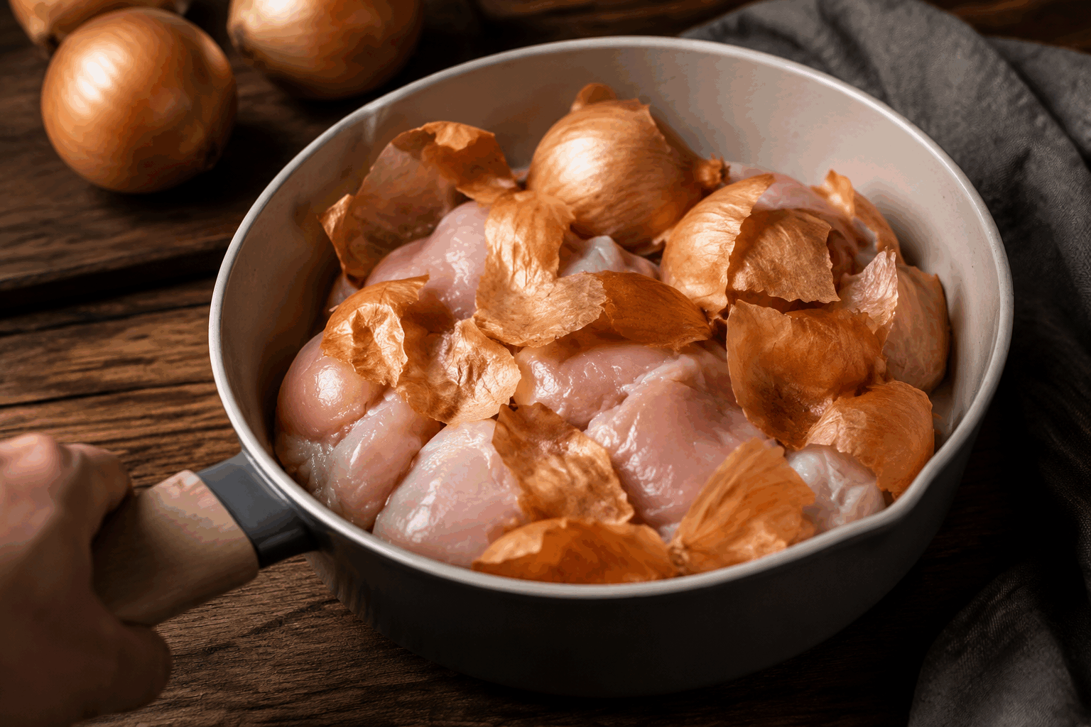 Filets de poulet aux pelures d'oignons : la recette étonnante à tester ce soir 🔥 Description Découvrez une recette surprenante où les pelures d'oignons ne sont pas jetées mais utilisées pour parfumer délicatement les filets de poulet. Ce plat savoureux allie douceur et notes légèrement grillées pour un résultat original et raffiné, parfait pour un dîner convivial et plein de goût. Informations Temps de préparation : 15 minutes Temps de cuisson : 25 minutes Nombre de portions : 4 personnes Difficulté : Moyenne Ingrédients Pour les filets de poulet 600 g de filets de poulet 2 cuillères à soupe d’huile d’olive Sel et poivre du moulin Pour le bouillon aux pelures d’oignons Pelures de 4 gros oignons jaunes (bien lavées) 1 litre d’eau 1 branche de thym 1 feuille de laurier 1 gousse d’ail écrasée 2 cuillères à soupe de vinaigre balsamique Sel et poivre Pour la garniture 200 g de champignons de Paris frais 1 échalote 20 g de beurre 1 cuillère à soupe de persil frais haché Préparation Préparez le bouillon parfumé : mettez dans une casserole l’eau, les pelures d’oignons lavées, le thym, le laurier, l’ail, le vinaigre balsamique, du sel et du poivre. Portez à ébullition puis laissez mijoter doucement pendant 15 minutes pour que les pelures diffusent leurs arômes. Filtrez en conservant le bouillon. Pendant ce temps, assaisonnez les filets de poulet avec sel et poivre. Faites chauffer l’huile d’olive dans une poêle à feu moyen-vif et saisissez les filets de poulet 3 minutes de chaque côté pour qu’ils soient bien dorés. Retirez les filets de la poêle et réservez au chaud. Dans la même poêle, faites fondre le beurre, puis ajoutez l’échalote finement hachée et les champignons coupés en lamelles. Laissez cuire 5 à 7 minutes jusqu’à ce que les champignons soient tendres et légèrement dorés. Versez le bouillon aux pelures d’oignons filtré dans la poêle, baissez le feu et laissez réduire 5 minutes pour obtenir une sauce légèrement nappante. Remettez les filets de poulet dans la poêle, laissez mijoter doucement 5 minutes dans la sauce pour qu’ils s’imprègnent des saveurs. Terminez en parsemant de persil frais haché avant de servir. Astuces Veillez à bien laver les pelures d’oignons pour éliminer toute saleté ou impureté. Vous pouvez remplacer le poulet par du filet de dinde pour une variante tout aussi savoureuse. Pour une sauce plus onctueuse, ajoutez un peu de crème fraîche en fin de cuisson. Servez ce plat avec un riz basmati ou une purée maison pour un repas complet et équilibré. Service Présentez les filets de poulet nappés de leur sauce aux pelures d’oignons bien chaude, accompagnés d’une garniture de champignons et d’un féculent de votre choix comme du riz ou une purée de pommes de terre. Ce plat étonnant fera sensation lors d’un dîner entre amis ou en famille, mêlant originalité et saveurs douces.