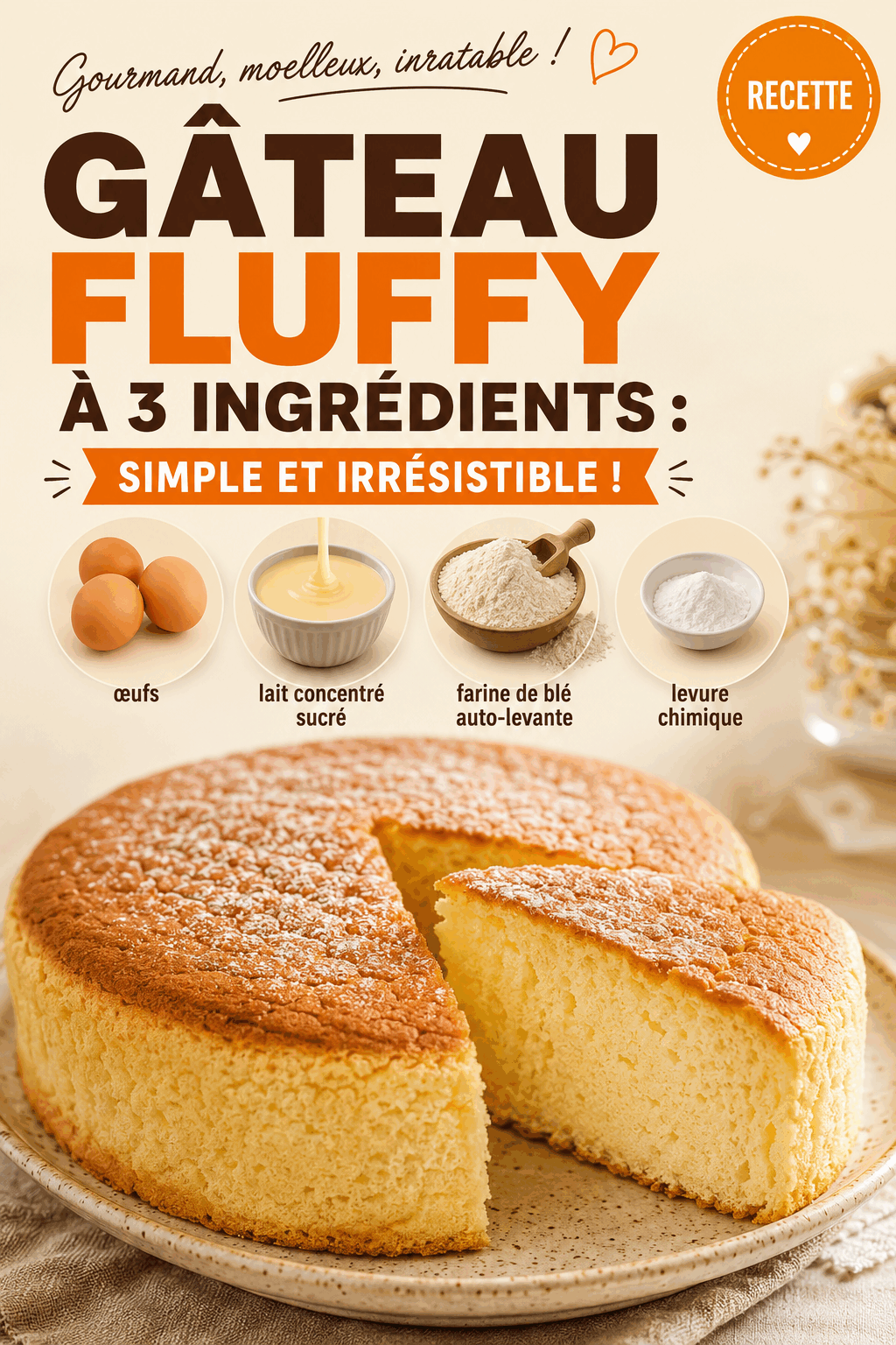 GÂTEAU FLUFFY À 3 INGRÉDIENTS : SIMPLE ET IRRÉSISTIBLE !