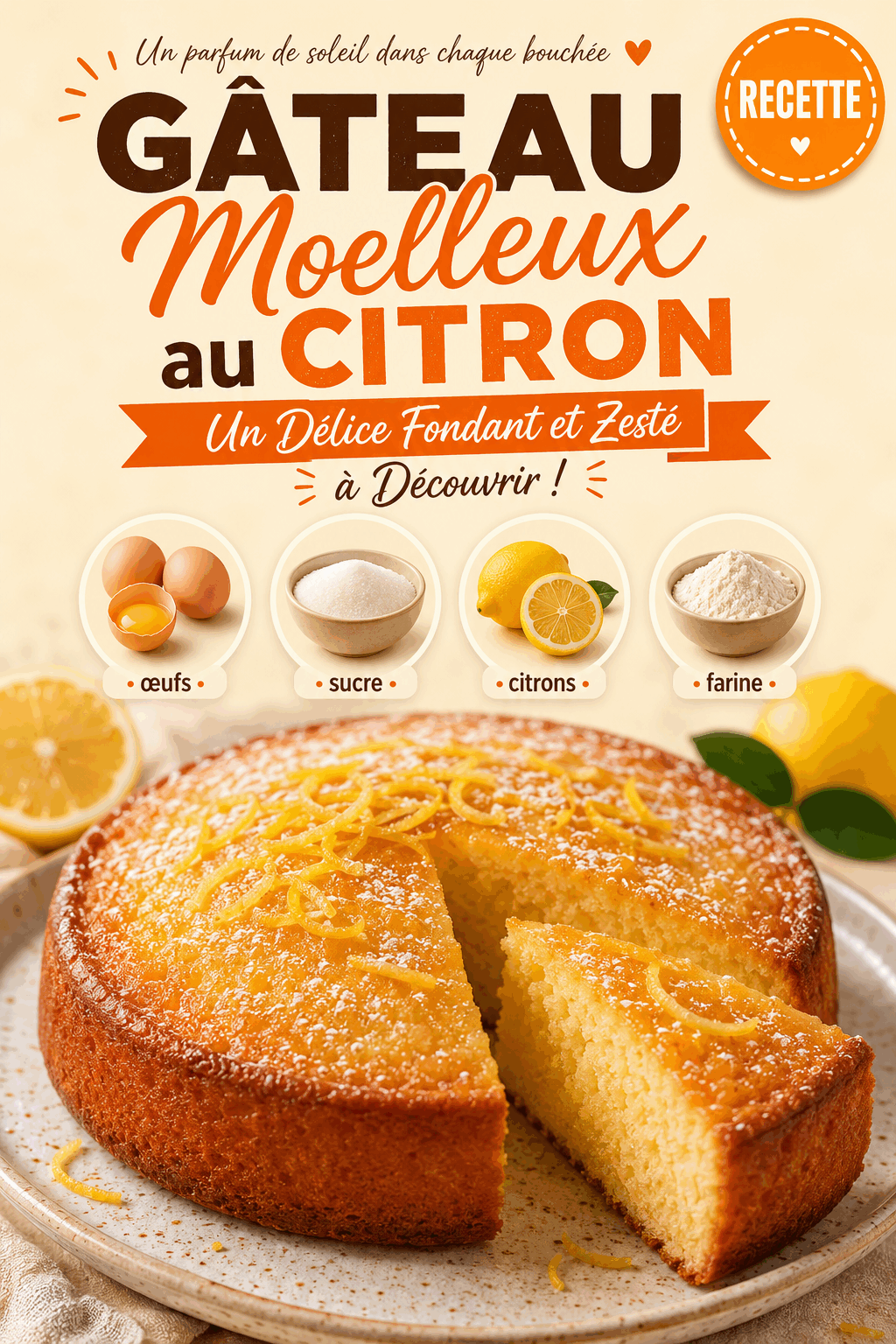 Gâteau Moelleux au Citron – Un Délice Fondant et Zesté à Découvrir !