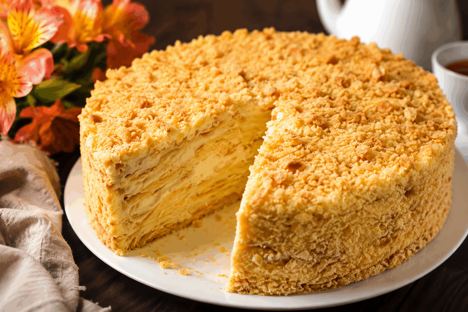 Gâteau Napoléon sans four en 5 minutes, la recette express qui va vous surprendre ! 🔥 Description Le Gâteau Napoléon est une pâtisserie traditionnelle russe et européenne, connue pour ses multiples couches croustillantes et sa crème onctueuse. Cette version express sans cuisson ni four vous permet de réaliser ce dessert gourmand en un temps record, tout en conservant son délicieux contraste de textures. Parfait pour une occasion improvisée ou un goûter rapide qui impressionnera vos convives. Informations Temps de préparation : 5 minutes Temps de cuisson : 0 minute Nombre de portions : 6 personnes Difficulté : Facile Ingrédients Pour les couches croustillantes 200 g de biscuits sablés ou galettes bretonnes Pour la crème 250 g de mascarpone 200 ml de crème liquide entière 50 g de sucre glace 1 cuillère à café d’extrait de vanille 1 cuillère à soupe de jus de citron Préparation Émiette grossièrement les biscuits sablés en conservant quelques morceaux pour le croquant. Dans un grand bol, fouette la crème liquide bien froide jusqu’à obtenir une chantilly ferme. Dans un autre récipient, mélange le mascarpone, le sucre glace, l’extrait de vanille et le jus de citron jusqu’à homogénéité. Incorpore délicatement la chantilly à la préparation au mascarpone à l’aide d’une spatule, en soulevant la masse pour garder la légèreté. Dans un moule à cake ou un cercle à pâtisserie, alterne une couche de biscuits émiettés et une couche de crème, en terminant par une couche de crème. Lisse la surface avec une spatule, puis saupoudre quelques miettes de biscuits sur le dessus pour décorer. Réserve le gâteau au réfrigérateur pendant au moins 1 heure pour permettre aux saveurs de se lier et aux biscuits de s’attendrir légèrement. Astuces Utilise des biscuits bien croustillants pour garder une belle texture dans le gâteau. Pour une version encore plus rapide, tu peux utiliser une crème pâtissière instantanée mélangée au mascarpone. Ajoute un peu de café fort ou de rhum dans la crème pour varier les saveurs. Sers ce gâteau bien frais pour une meilleure tenue et un goût plus intense. Service Présente ce gâteau Napoléon dans des petites parts individuelles pour un effet élégant et pratique. Il accompagnera à merveille un café, un thé ou une infusion lors d’un goûter convivial ou d’un dessert rapide après un repas léger.