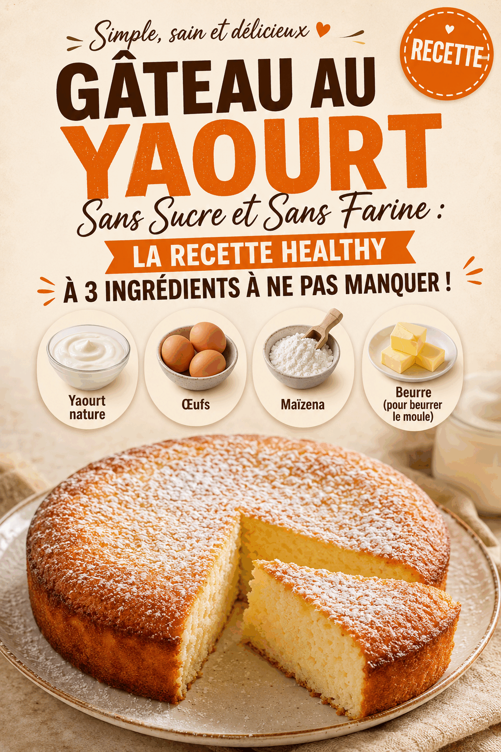 Gâteau au Yaourt Sans Sucre et Sans Farine : La Recette Healthy à 3 Ingrédients à Ne Pas Manquer !