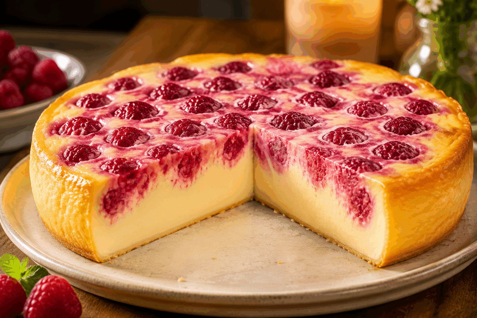 Gâteau aux framboises sans farine ni gluten, seulement 4 ingrédients et un délice ✨ Description Ce gâteau moelleux et léger met en valeur la fraîcheur acidulée des framboises sans utiliser de farine ni de gluten. Simple et rapide à réaliser, il ne requiert que quatre ingrédients, parfait pour un dessert sain et gourmand à partager en famille ou entre amis. Informations Temps de préparation : 10 minutes Temps de cuisson : 35 minutes Nombre de portions : 8 personnes Difficulté : Facile Ingrédients Pour le gâteau 150 g de poudre d’amandes 150 g de sucre 4 œufs 150 g de framboises fraîches ou surgelées Préparation Préchauffe le four à 180°C (chaleur statique). Sépare les blancs des jaunes d’œufs. Monte les blancs en neige ferme avec une pincée de sel. Dans un saladier, bats les jaunes d’œufs avec le sucre jusqu’à ce que le mélange blanchisse et devienne mousseux. Incorpore délicatement la poudre d’amandes au mélange jaune-sucre. Ajoute ensuite les blancs en neige en soulevant la pâte pour ne pas les casser. Verse la moitié de la préparation dans un moule rond de 22 cm préalablement beurré ou chemisé de papier cuisson. Répartis la moitié des framboises sur la pâte, puis recouvre du reste de pâte avant de déposer le reste des framboises sur le dessus. Enfourne pour environ 35 minutes. Vérifie la cuisson en piquant au centre avec un couteau : la lame doit ressortir sèche. Laisse refroidir le gâteau avant de le démouler avec précaution. Astuces Utilise des framboises fraîches pour un goût plus fruité, ou des surgelées en hiver en les égouttant bien. Pour une texture encore plus légère, tamise la poudre d’amandes avant de l’incorporer. Pour un rendu plus gourmand, ajoute une cuillère à café d’extrait de vanille dans les jaunes d’œufs. Conserve le gâteau au frais dans une boîte hermétique jusqu’à 2 jours pour préserver sa fraîcheur. Service Serre ce gâteau aux framboises nature ou accompagné d’un coulis de fruits rouges ou d’une boule de glace vanille. Il sera parfait lors d’un goûter d’été, d’un brunch ou comme dessert léger après un repas.