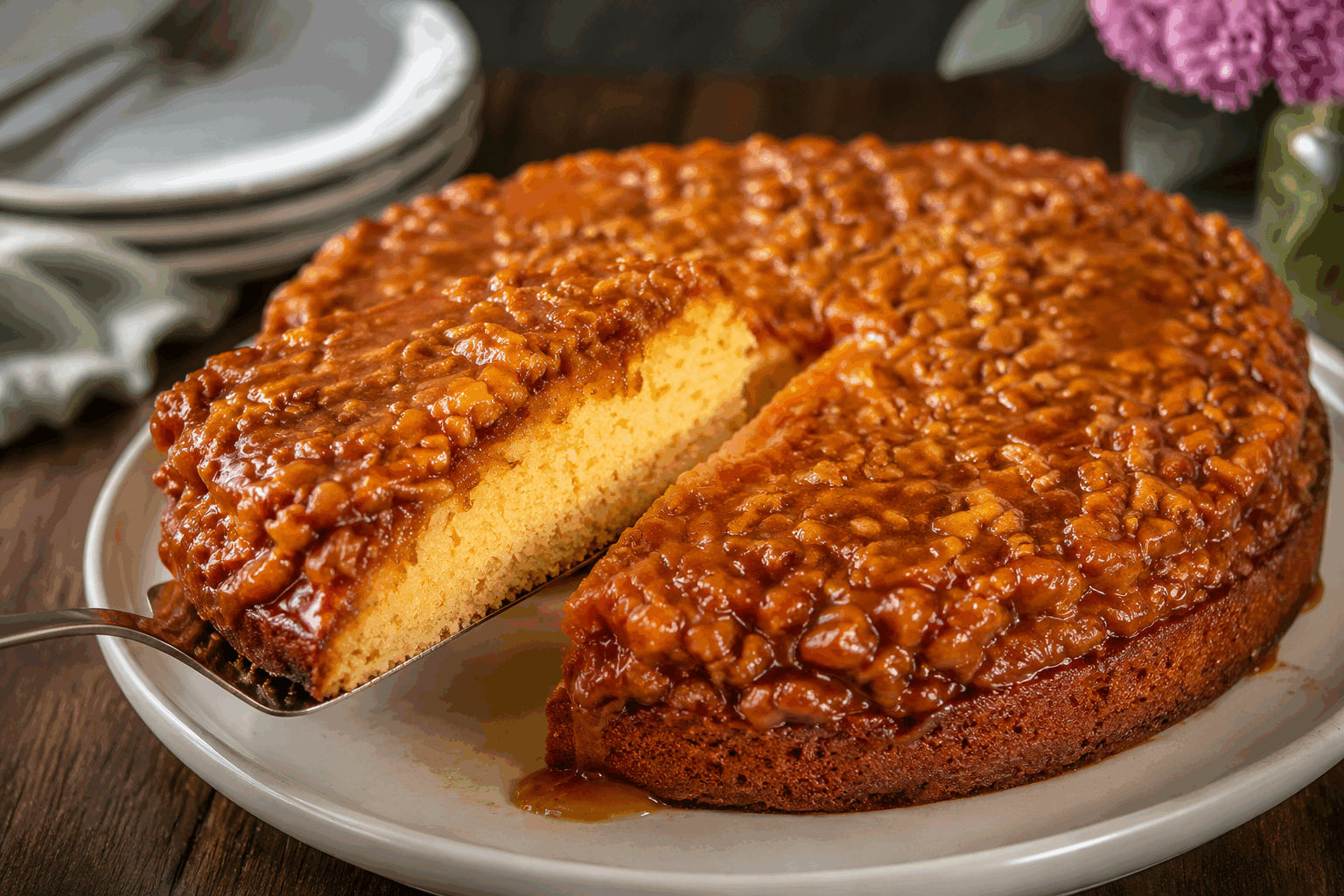 Gâteau renversé aux noix et caramel, fondant en 10 minutes et tellement croquant 😍 Description Ce gâteau renversé allie la douceur d’un caramel maison à la richesse croquante des noix, pour un dessert à la fois fondant et croustillant. Rapidement préparé en seulement 10 minutes, il est parfait pour régaler vos invités à l’improviste ou pour une pause gourmande. Son mélange de textures et de saveurs en fait un incontournable des goûters et des desserts conviviaux. Informations Temps de préparation : 10 minutes Temps de cuisson : 35 minutes Nombre de portions : 6 personnes Difficulté : Facile Ingrédients Pour le caramel et la garniture 100 g de sucre 50 g de beurre doux 150 g de cerneaux de noix Pour la pâte 3 œufs 100 g de sucre 80 g de beurre fondu 120 g de farine 1 sachet de levure chimique (environ 10 g) 1 pincée de sel 1 cuillère à café d’extrait de vanille 50 ml de lait Préparation Préchauffe le four à 180°C (chaleur tournante si possible). Dans une casserole à feu moyen, fais fondre le sucre sans remuer jusqu’à obtenir un caramel doré. Hors du feu, incorpore le beurre en morceaux puis mélange bien. Verse immédiatement le caramel au fond d’un moule à manqué beurré, étale-le uniformément puis dispose les cerneaux de noix par-dessus en une seule couche. Dans un saladier, bats les œufs avec le sucre jusqu’à ce que le mélange blanchisse et devienne légèrement mousseux. Ajoute le beurre fondu refroidi, le lait et l’extrait de vanille. Mélange bien. Incorpore la farine, la levure et la pincée de sel tamisées, mélange juste assez pour obtenir une pâte homogène sans grumeaux. Verse la pâte sur les noix et caramel dans le moule, étale doucement avec une spatule. Enfourne pour environ 30 à 35 minutes. Vérifie la cuisson en plantant un cure-dent : il doit ressortir propre. Laisse le gâteau tiédir quelques minutes avant de le démouler sur une assiette, le caramel et les noix formant une belle couche croquante sur le dessus. Astuces Utilise un moule en métal plutôt qu’en silicone pour un caramel plus net et une cuisson homogène. Si le caramel durcit avant de verser, remets-le doucement sur feu doux pour le liquéfier à nouveau. Pour un goût encore plus intense, remplace les noix par un mélange de noix et noisettes. Conserve le gâteau dans une boîte hermétique à température ambiante pour préserver son moelleux et son croquant. Service Servez ce gâteau tiède ou à température ambiante, accompagné d’une boule de glace vanille ou d’une cuillère de crème fraîche épaisse. Idéal pour un dessert convivial en famille ou entre amis, il s’accorde parfaitement avec un café ou un thé gourmand.