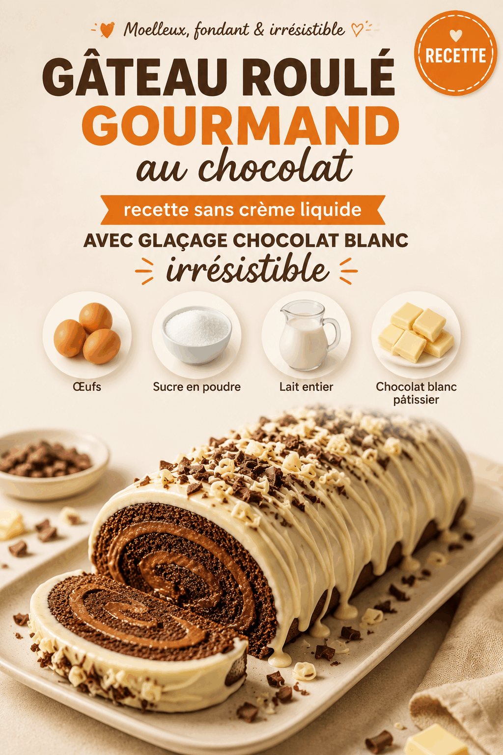 Gâteau roulé gourmand au chocolat : recette sans crème liquide avec glaçage chocolat blanc irrésistible