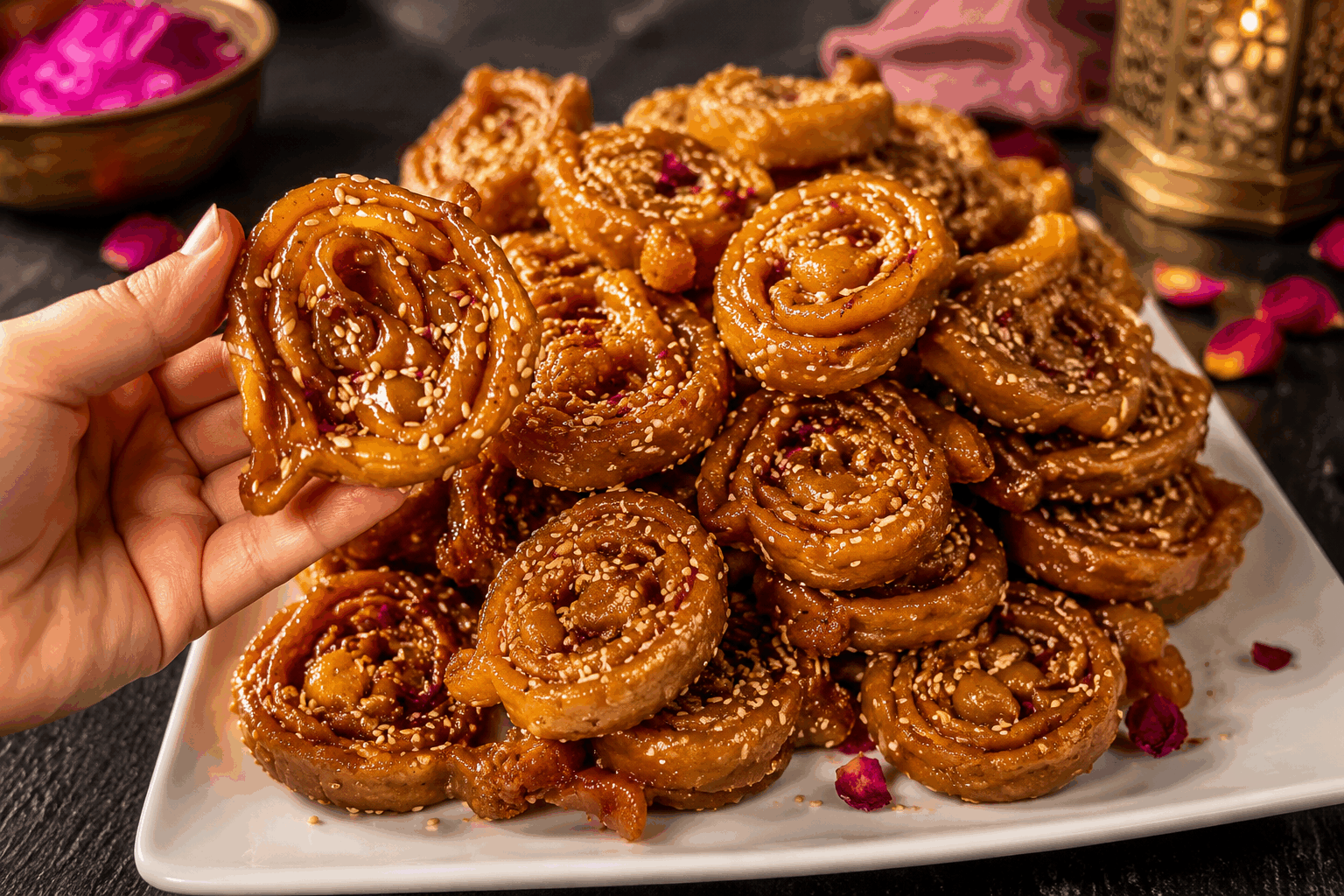 La chebakia de grand-mère, croustillante et fondante, préparée en 30 minutes 😍 Description La chebakia est une pâtisserie marocaine traditionnelle, réputée pour sa forme florale et son enrobage généreux de miel et de graines de sésame. Croustillante à l’extérieur et fondante à l’intérieur, elle se déguste particulièrement pendant le Ramadan ou lors des grandes occasions familiales. Cette recette de grand-mère vous garantit une chebakia authentique, rapide à préparer en seulement 30 minutes. Informations Temps de préparation : 30 minutes Temps de cuisson : 15 minutes Nombre de portions : 20 pièces environ Difficulté : Moyenne Ingrédients Pour la pâte 300 g de farine 50 g de graines de sésame grillées et moulues 1 cuillère à café de cannelle en poudre 1 cuillère à soupe de gomme arabique en poudre (facultatif, pour la tenue) 1 cuillère à soupe de vinaigre blanc 2 cuillères à soupe d'huile d'olive 1 cuillère à soupe d'eau de fleur d'oranger 1 œuf 100 ml d'eau tiède (ajuster selon la pâte) 1 pincée de sel Pour la finition 300 g de miel doux 2 cuillères à soupe de graines de sésame grillées Huile de tournesol pour la friture Préparation Mélange la farine, les graines de sésame moulues, la cannelle, la gomme arabique et le sel dans un grand saladier. Ajoute l'œuf, l'huile d'olive, le vinaigre, l'eau de fleur d'oranger et commence à pétrir en ajoutant l'eau tiède petit à petit jusqu'à obtenir une pâte souple et non collante. Laisse reposer la pâte 10 minutes sous un linge propre pour faciliter le travail. Divise la pâte en petites boules, puis étale chaque boule en une fine bande d'environ 5 cm de largeur et de quelques millimètres d'épaisseur sur un plan fariné. Découpe chaque bande en rectangles, puis réalise la forme traditionnelle de la chebakia en faisant cinq incisions verticales au centre et en repliant les extrémités vers l'intérieur pour former une fleur. Chauffe l'huile de tournesol dans une casserole profonde à 170°C. Fais frire les chebakias par petites quantités jusqu'à ce qu'elles soient bien dorées et croustillantes, environ 4 à 5 minutes. Égoutte sur du papier absorbant et plonge immédiatement les chebakias dans le miel tiède pour bien les enrober, puis dépose-les sur une grille. Parsème généreusement de graines de sésame grillées avant que le miel ne durcisse totalement. Laisse refroidir complètement pour que les chebakias deviennent croustillantes à l’extérieur et fondantes à l’intérieur. Astuces Pour une pâte encore plus souple, pétris avec les mains légèrement huilées afin de faciliter l’étalage. Utilise un thermomètre de friture pour maintenir l'huile à une température constante, afin de ne pas brûler les chebakias. Le miel doit être tiède et non chaud pour éviter que la chebakia ne devienne trop molle. Conserve les chebakias dans une boîte hermétique à température ambiante pour préserver leur croustillant plusieurs jours. Service Servez la chebakia en accompagnement d’un thé à la menthe marocain chaud, lors du Ramadan ou à toute autre fête familiale. Présentez-les joliment sur un plat décoré, elles feront le bonheur des petits et des grands grâce à leur goût sucré et leur texture unique.