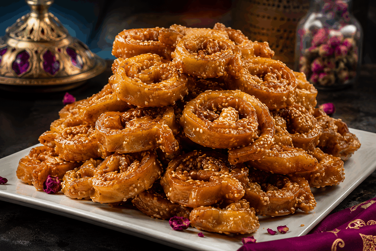 La chebakia de ma grand-mère, prête en 20 minutes et fondante à souhait ! 🌙👌 Description La chebakia est une pâtisserie traditionnelle marocaine en forme de fleur, croustillante et tendre à la fois. Elle est parfumée à la fleur d’oranger et enrobée de miel, idéale pour accompagner le thé à la menthe lors du Ramadan ou d’occasions festives. Cette recette familiale, rapide et authentique, vous garantit une chebakia fondante et savoureuse en seulement 20 minutes de préparation. Informations Temps de préparation : 20 minutes Temps de cuisson : 15 minutes Nombre de portions : 20 pièces Difficulté : Moyenne Ingrédients Pour la pâte 250 g de farine 50 g de farine de graines de sésame (ou d’orge moulue) 1 cuillère à café de levure chimique 1 cuillère à café de cannelle moulue 1/2 cuillère à café de gomme arabique en poudre (facultatif) 2 cuillères à soupe d’eau de fleur d’oranger 2 cuillères à soupe de vinaigre blanc 60 ml d’huile d’olive 60 ml d’huile d’arachide ou tournesol 125 ml d’eau tiède 1 pincée de sel Pour la friture et l’enrobage Huile de tournesol (pour la friture) 150 g de miel liquide 1 cuillère à soupe d’eau de fleur d’oranger (pour le miel) Graines de sésame grillées (optionnel, pour la décoration) Préparation Mélangez la farine, la farine de graines de sésame, la levure chimique, la cannelle, la gomme arabique et le sel dans un grand saladier. Ajoutez les huiles, l’eau de fleur d’oranger, le vinaigre et commencez à incorporer l’eau tiède petit à petit jusqu’à obtenir une pâte ferme et lisse. Pétrissez la pâte sur un plan fariné pendant environ 5 minutes, puis laissez-la reposer 10 minutes sous un linge humide. Divisez la pâte en petites portions et étalez-les finement à l’aide d’un rouleau à pâtisserie (environ 2 mm d’épaisseur). Découpez des formes rectangulaires et réalisez la forme traditionnelle de la chebakia en faisant des incisions régulières, puis repliez et pincez pour former une fleur ou une étoile. Chauffez l’huile de tournesol à 170°C dans une friteuse ou une grande casserole. Faites frire les chebakias par petites quantités jusqu’à ce qu’elles soient dorées et croustillantes, environ 2 à 3 minutes de chaque côté. Égouttez-les sur du papier absorbant pour éliminer l’excédent d’huile. Faites chauffer le miel avec 1 cuillère à soupe d’eau de fleur d’oranger, puis trempez rapidement les chebakias dans ce sirop chaud. Placez-les sur une grille pour laisser le miel s’égoutter. Saupoudrez de graines de sésame grillées si désiré. Astuces Utilisez une huile à haute teneur en points de fumée (tournesol ou arachide) pour une friture nette et légère. Ne surchargez pas la friteuse pour garder une température stable et assurer une cuisson homogène. Pour faciliter la découpe et le pliage, travaillez la pâte bien froide mais souple. Conservez les chebakias dans une boîte hermétique à température ambiante pour préserver leur croustillant. Service Servez les chebakias avec un thé à la menthe fraîche lors du Ramadan ou à l'occasion d'une fête familiale. Disposez-les joliment dans un plat de présentation pour partager ce délice fondant et parfumé en toute convivialité.