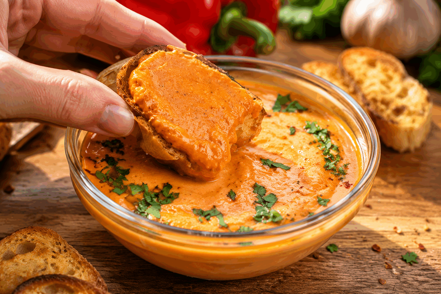 La crème de poivrons rôtis, feta et miel en 5 minutes pour réchauffer vos soirées ✨ Description Cette crème onctueuse et parfumée combine la douceur des poivrons rouges rôtis, le salé délicat de la feta et une touche subtile de miel pour un équilibre parfait. Idéale en entrée ou en apéritif, elle apporte chaleur et convivialité à vos soirées d’automne ou d’hiver. Informations Temps de préparation : 5 minutes Temps de cuisson : 20 minutes (rôtissage des poivrons) Nombre de portions : 4 personnes Difficulté : Facile Ingrédients Pour la crème de poivrons 3 poivrons rouges 150 g de feta 1 cuillère à soupe de miel liquide 2 cuillères à soupe d’huile d’olive 1 gousse d’ail Sel Poivre noir du moulin Préparation Préchauffe le four à 200°C en mode gril. Place les poivrons entiers sur une plaque recouverte de papier sulfurisé et fais-les rôtir environ 20 minutes, en les retournant régulièrement, jusqu’à ce que la peau soit bien noire et cloquée. Retire-les du four, dépose-les dans un récipient fermé pour les laisser « suer » 5 minutes, ce qui facilitera l’épluchage. Enlève la peau des poivrons, épépine-les et place la chair dans un mixeur. Ajoute la feta émiettée, la gousse d’ail pelée, le miel, l’huile d’olive, une pincée de sel et un peu de poivre. Mixe jusqu’à obtenir une crème lisse et homogène. Goûte et ajuste l’assaisonnement si nécessaire. Verse dans un bol et réserve au chaud ou à température ambiante pendant la dégustation. Astuces Pour un goût plus fumé, ajoute une pincée de paprika fumé dans la crème. Si tu veux gagner du temps, utilise des poivrons grillés déjà préparés vendus en bocaux. Tu peux remplacer la feta par du fromage de chèvre frais pour une texture plus douce. Serre la crème légèrement tiède pour maximiser les arômes, évite de la chauffer trop fort. Service Servez cette crème en tartinade sur des tranches de pain grillé ou des crackers croquants. Elle accompagne également parfaitement des légumes vapeur ou une salade fraîche. Idéale pour un apéritif convivial ou une entrée légère qui réchauffe l’âme lors des soirées fraîches.