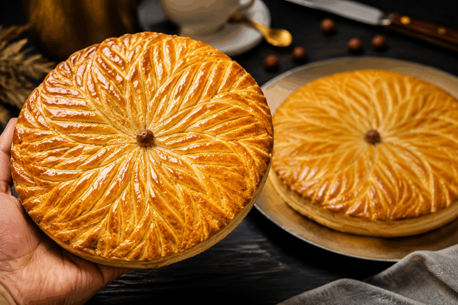 La galette des rois chocolat noisette en 5 minutes, le secret des gourmands 👑🍫 Description Cette galette des rois revisitée combine la douceur du chocolat et le croquant de la noisette pour un plaisir gourmand et rapide à réaliser. Son apparence dorée cache une garniture fondante et savoureuse, parfaite pour célébrer l'Épiphanie ou une occasion spéciale. Idéale pour les amateurs de saveurs chocolatées qui ne veulent pas attendre. Informations Temps de préparation : 5 minutes Temps de cuisson : 25 minutes Nombre de portions : 6 personnes Difficulté : Facile Ingrédients Pour la pâte 2 pâtes feuilletées prêtes à l'emploi (environ 230 g chacune) Pour la garniture 100 g de chocolat noir pâtissier (minimum 60 % cacao) 80 g de poudre de noisettes 80 g de beurre mou 80 g de sucre en poudre 2 œufs 1 cuillère à soupe de farine 1 pincée de sel 1 fève (facultative) Pour la dorure 1 jaune d'œuf 1 cuillère à soupe de lait Préparation Préchauffe le four à 180 °C (th. 6). Fais fondre le chocolat noir au bain-marie ou au micro-ondes par courtes impulsions, puis laisse tiédir. Dans un saladier, mélange le beurre mou avec le sucre jusqu'à obtenir une crème homogène. Ajoute les œufs un à un en battant bien entre chaque ajout. Incorpore la poudre de noisettes, la farine, la pincée de sel, puis le chocolat fondu. Mélange soigneusement pour obtenir une frangipane chocolatée. Déroule une pâte feuilletée sur une plaque recouverte de papier cuisson. Étale la garniture au centre en laissant environ 3 cm libre tout autour. Si tu souhaites mettre une fève, glisse-la dans la garniture. Humidifie légèrement le pourtour de la pâte avec un peu d’eau. Recouvre avec la deuxième pâte feuilletée et presse bien les bords pour souder. Fends légèrement le dessus de la galette à l’aide d’un couteau pour faciliter la cuisson et créer un joli dessin au choix. Mélange le jaune d’œuf avec le lait puis badigeonne la surface de la galette pour obtenir une belle dorure. Enfourne pendant environ 25 minutes jusqu’à ce que la galette soit bien dorée et gonflée. Laisse tiédir quelques minutes avant de déguster, tiède ou à température ambiante. Astuces Pour un chocolat encore plus savoureux, choisis un chocolat noir de qualité avec un pourcentage de cacao élevé. Si tu souhaites accélérer la préparation, utilise un beurre pommade (très mou) pour faciliter le mélange. Pense à bien souder les bords pour éviter que la garniture ne s’échappe à la cuisson. Pour une version encore plus gourmande, ajoute quelques éclats de noisettes torréfiées dans la garniture. Service Sers la galette tiède accompagnée d’un thé, d’un café ou d’un verre de cidre doux. Elle est parfaite pour une dégustation conviviale à l’occasion de l’Épiphanie ou pour un goûter festif en famille ou entre amis.