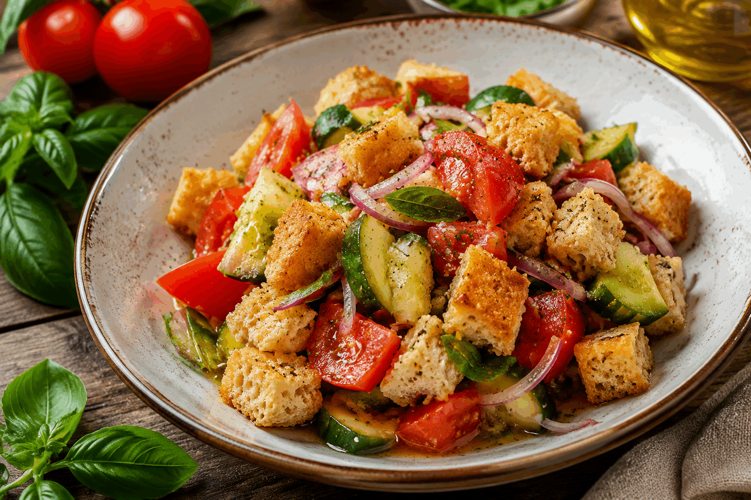 La panzanella authentique de grand-mère, 5 minutes pour un été en Toscane ☀️👌 Description La panzanella est une salade toscane rustique et rafraîchissante, parfaite pour l’été. Composée de pain rassis imbibé d’une vinaigrette à l’huile d’olive et de légumes frais, elle offre un équilibre exquis entre textures moelleuses et croquantes. Ce plat simple, originaire des campagnes toscanes, incarne la tradition du "cuisiner sans gaspiller". Informations Temps de préparation : 5 minutes Temps de cuisson : 0 minute Nombre de portions : 4 personnes Difficulté : Facile Ingrédients Pour la salade 200 g de pain toscan rassis (ou pain de campagne sans croûte) 3 tomates mûres (environ 300 g) 1 concombre moyen (environ 150 g) 1 oignon rouge moyen 10 feuilles de basilic frais Pour la vinaigrette 5 cuillères à soupe d’huile d’olive extra vierge 2 cuillères à soupe de vinaigre de vin rouge 1 cuillère à café de sel 1/2 cuillère à café de poivre noir fraîchement moulu Préparation Coupe le pain en gros cubes et plonge-les rapidement dans un saladier d’eau froide puis presse-les légèrement pour enlever l’excès d’eau, le pain doit être humide mais pas détrempé. Lave les tomates, coupe-les en morceaux de taille moyenne. Épluche le concombre si la peau est trop épaisse, puis coupe-le en rondelles ou en petits dés. Émince finement l’oignon rouge et détache les feuilles de basilic. Dans un grand saladier, rassemble le pain humidifié, les tomates, le concombre, l’oignon et le basilic. Prépare la vinaigrette en mélangeant l’huile d’olive, le vinaigre, le sel et le poivre dans un bol. Verse-la immédiatement dans le saladier. Mélange délicatement à la main ou avec une cuillère en bois pour bien répartir la vinaigrette sans trop écraser les ingrédients. Laisse reposer 5 minutes à température ambiante pour que le pain absorbe la saveur et que les légumes s’imprègnent bien. Goûte et ajuste l’assaisonnement si besoin avant de servir. Astuces Utilise de préférence du pain toscan ou un pain rassis qui sera moins salé et avec une mie dense. Si tu n’as pas le temps d’attendre, humidifie très légèrement le pain pour qu’il reste bien croquant. Pour plus de fraîcheur, ajoute quelques olives noires dénoyautées ou des câpres à la salade. La panzanella se conserve mal, elle est meilleure dégustée immédiatement ou dans les heures qui suivent. Service Sers la panzanella dans un grand plat creux ou directement dans des assiettes individuelles, accompagnée d’un verre de vin blanc sec typiquement toscan. C’est une entrée idéale pour une journée d’été ou un déjeuner en extérieur, à déguster en famille ou entre amis.