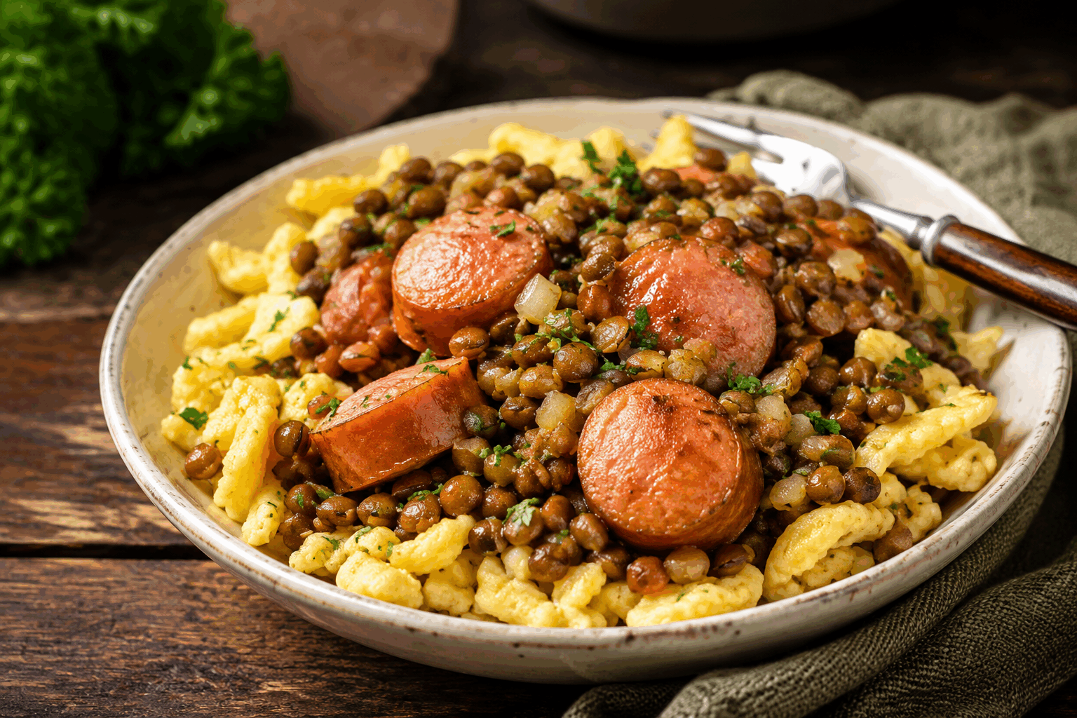 La recette allemande de grand-mère aux lentilles, prête en 30 minutes et pleine de saveurs 🔥 Description Cette recette traditionnelle allemande aux lentilles est un plat réconfortant, savoureux et généreux, typique des repas familiaux. Facile et rapide à préparer en seulement 30 minutes, elle allie des lentilles tendres à une délicieuse sauce parfumée, souvent accompagnée de saucisses fumées ou de pommes de terre. Idéale pour une soirée conviviale d’automne ou d’hiver. Informations Temps de préparation : 10 minutes Temps de cuisson : 20 minutes Nombre de portions : 4 personnes Difficulté : Facile Ingrédients Pour les lentilles 250 g de lentilles vertes du Puy 1 oignon moyen 1 carotte 1 branche de céleri 2 gousses d'ail 1 feuille de laurier 1 cuillère à soupe de vinaigre de vin rouge 750 ml de bouillon de légumes ou de volaille 2 cuillères à soupe d'huile d'olive Sel et poivre noir fraîchement moulu Pour l’accompagnement 4 saucisses fumées typiques allemandes (Mettwurst, Bockwurst ou Knackwurst) Quelques brins de persil frais pour la décoration Préparation Rince les lentilles à l’eau froide et égoutte-les. Épluche et coupe finement l’oignon, la carotte en petits dés, émince le céleri et hache l’ail. Fais chauffer l’huile d’olive dans une grande casserole à feu moyen. Fais revenir l’oignon, la carotte, le céleri et l’ail pendant environ 5 minutes jusqu’à ce qu’ils soient légèrement dorés. Ajoute les lentilles dans la casserole avec la feuille de laurier. Verse le bouillon chaud et porte à ébullition. Réduis le feu et laisse mijoter à découvert pendant 20 minutes, ou jusqu’à ce que les lentilles soient tendres mais encore fermes. Remue de temps en temps. Dans une poêle à part, fais cuire les saucisses fumées à feu moyen pendant 8 à 10 minutes, en les retournant régulièrement jusqu’à ce qu’elles soient bien dorées. Une fois les lentilles cuite, retire la feuille de laurier, assaisonne avec le vinaigre, le sel et le poivre selon ton goût. Mélange bien pour intégrer les saveurs. Serre les lentilles dans des assiettes chaudes, dispose les saucisses par-dessus, puis parsème de persil frais ciselé. Astuces Privilégie les lentilles vertes du Puy pour leur tenue en cuisson et leur saveur légèrement poivrée. Pense à ne pas trop saler le plat en début de cuisson, car les saucisses apportent déjà du sel. Le vinaigre apporte une légère acidité qui équilibre parfaitement les lentilles et la saucisse fumée. Pour une version végétarienne, remplace les saucisses par des champignons sautés ou du tofu fumé. Service Ce plat se déguste chaud, accompagné d’une bonne tranche de pain de campagne ou de pommes de terre vapeur pour une touche authentique. Idéal pour un repas familial convivial, il s’accorde également parfaitement avec une bière allemande légèrement ambrée.