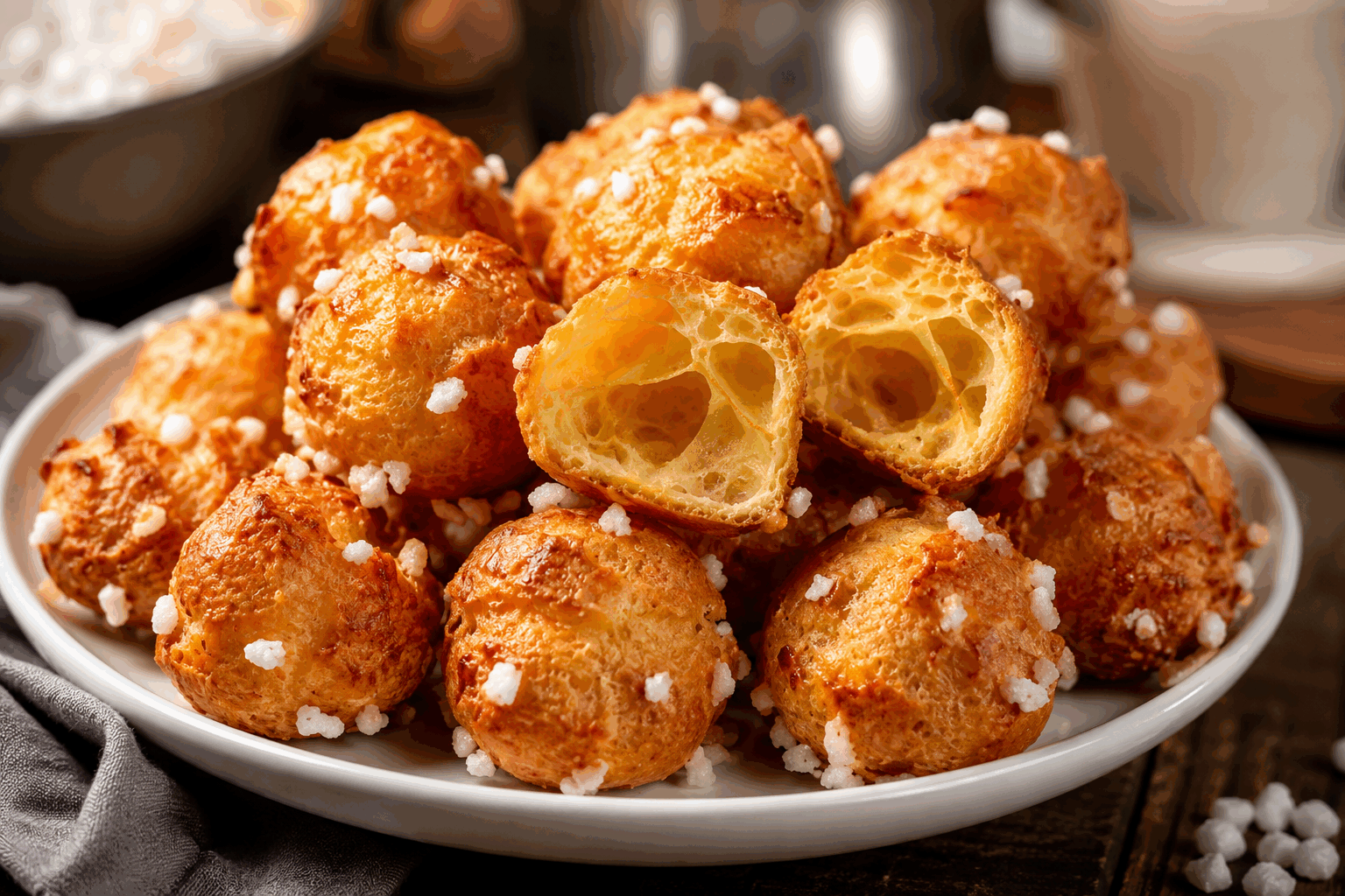 La recette inratable des chouquettes en 5 minutes, comme chez le pâtissier 👌✨ Description Les chouquettes sont de petites pâtisseries légères à base de pâte à choux, parsemées de sucre perlé qui fond délicatement à la cuisson. Croquantes à l’extérieur et moelleuses à l’intérieur, elles sont idéales pour un goûter gourmand ou un café convivial. Cette recette rapide vous permet de les réaliser facilement comme chez le pâtissier, en seulement 5 minutes de préparation. Informations Temps de préparation : 5 minutes Temps de cuisson : 25 minutes Nombre de portions : 30 chouquettes environ Difficulté : Facile Ingrédients Pour la pâte à choux 125 ml d’eau 125 ml de lait entier 100 g de beurre 1 pincée de sel 1 cuillère à soupe de sucre en poudre 150 g de farine 4 œufs moyens Sucre perlé (environ 50 g) Préparation Préchauffe le four à 180°C (chaleur statique de préférence). Dans une casserole, verse l’eau, le lait, le beurre coupé en morceaux, le sel et le sucre. Porte le tout à ébullition. Hors du feu, ajoute la farine en une seule fois puis mélange vivement avec une spatule jusqu’à ce que la pâte se détache des parois et forme une boule. Remets la casserole sur feu doux et dessèche la pâte pendant environ 1 à 2 minutes en la remuant constamment. Transfère la pâte dans un saladier puis incorpore les œufs un par un, en mélangeant bien entre chaque ajout, jusqu’à obtention d’une pâte lisse et homogène. Mets la pâte dans une poche à douille puis forme des petits tas de la taille d’une noix sur une plaque recouverte de papier cuisson, en les espaçant bien. Parseme généreusement de sucre perlé sur chaque chouquette. Enfourne pour 20 à 25 minutes sans ouvrir la porte du four afin que les chouquettes gonflent bien et dorent joliment. Laisse refroidir quelques minutes avant de déguster. Astuces Utilise une poche à douille pour des chouquettes régulières et bien formées. Ne pas ouvrir le four pendant la cuisson pour éviter que les chouquettes ne retombent. Pour un goût plus riche, remplace la moitié du lait par de la crème liquide entière. Conserve les chouquettes dans une boîte hermétique pour préserver leur moelleux, mais elles sont meilleures dégustées le jour même. Service Présente les chouquettes tièdes ou à température ambiante, seules ou accompagnées d’un café, d’un thé ou d’un chocolat chaud. Elles sont parfaites pour un goûter, un brunch ou en accompagnement d’un dessert léger.