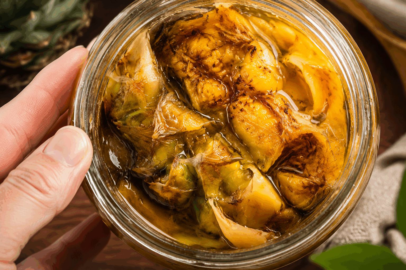 La recette secrète du vinaigre d’ananas maison qui soigne et régale en 5 minutes 🔥 Description Ce vinaigre d’ananas maison est une solution naturelle, conviviale et rapide à préparer pour agrémenter vos plats tout en bénéficiant de ses vertus santé. Avec son goût fruité, légèrement sucré et acidulé, il apporte fraîcheur et vitalité à vos salades, marinades ou boissons détox. Facile et express, il est parfait pour ceux qui aiment cuisiner sainement sans perdre de temps. Informations Temps de préparation : 5 minutes Temps de cuisson : 0 minute Nombre de portions : 250 ml Difficulté : Facile Ingrédients Pour le vinaigre d’ananas 150 g d’écorces et cœurs d’ananas frais (non traité) 250 ml de vinaigre blanc de qualité ou vinaigre de cidre 2 cuillères à soupe de sucre de canne 1 cuillère à soupe de miel 1 petit morceau de gingembre frais (environ 10 g) 200 ml d’eau minérale Préparation Lave soigneusement les écorces et le cœur de l’ananas pour éliminer toutes impuretés. Épluche le gingembre et coupe-le en fines tranches. Dans un blender, verse les écorces et le cœur d’ananas, ajoute le gingembre, le sucre, le miel, l’eau et le vinaigre. Mixe à haute vitesse pendant 2 à 3 minutes jusqu’à obtenir un mélange homogène. Filtre la préparation à l’aide d’une passoire fine ou d’un tissu propre pour éliminer les fibres solides. Verse le liquide obtenu dans une bouteille ou un bocal propre, puis ferme hermétiquement. Conserve au réfrigérateur et utilise-le dans les 7 jours suivants pour profiter au mieux de ses bienfaits et saveurs. Astuces Pour un effet probiotique renforcé, laissez fermenter la préparation à température ambiante 24 heures avant de la réfrigérer. Si vous n’avez pas de vinaigre blanc, remplacez-le par un vinaigre de cidre bio pour une saveur plus douce. Utilisez uniquement des ananas bio ou non traités pour éviter tout résidu de pesticides dans le vinaigre maison. Secouez bien la bouteille avant chaque utilisation pour mélanger les sédiments. Service Servez ce vinaigre d’ananas maison en assaisonnement pour vos salades de fruits ou légumes, en marinade pour volailles ou poissons, ou dilué dans un verre d’eau tiède comme boisson revitalisante. Idéal pour accompagner un repas estival ou pour une cure détox rapide et naturelle.