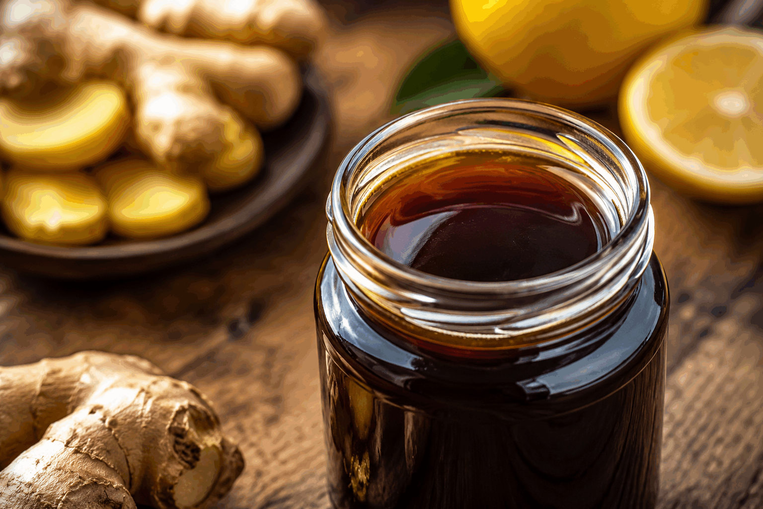 La recette simple du sirop citron-gingembre pour renforcer ton immunité en 5 minutes ✨ Description Ce sirop naturel au citron et au gingembre est une potion revitalisante qui stimule les défenses immunitaires. Facile et rapide à préparer, il allie la fraîcheur acidulée du citron à la chaleur piquante du gingembre. Idéal en période hivernale ou lors des baisses de régime pour se faire du bien simplement. Informations Temps de préparation : 5 minutes Temps de cuisson : 0 minutes Nombre de portions : environ 250 ml (pour 10 à 12 doses) Difficulté : Facile Ingrédients Pour le sirop 150 ml d'eau filtrée 100 g de sucre de canne 1 citron bio (jus et zeste) 30 g de gingembre frais 1 cuillère à soupe de miel (facultatif) Préparation Lave soigneusement le citron et râpe finement le zeste en évitant la peau blanche pour ne pas amertumer le sirop. Pèle le gingembre et coupe-le en fines lamelles ou râpe-le finement pour extraire au mieux ses arômes. Dans une casserole, verse l'eau puis ajoute le sucre, le zeste de citron et le gingembre. Fais chauffer à feu doux en remuant régulièrement jusqu’à dissolution complète du sucre, sans faire bouillir (environ 3 minutes). Retire du feu et laisse infuser à couvert pendant 10 minutes pour bien libérer les saveurs. Filtre le sirop à l’aide d’une passoire fine ou d’un linge propre pour retirer les morceaux de gingembre et de zeste. Ajoute le jus du citron pressé et le miel si désiré, puis mélange bien. Laisse refroidir à température ambiante avant de verser dans un flacon propre et hermétique. Conserve au réfrigérateur. Astuces Utilise des citrons bio pour éviter les pesticides et profiter pleinement des zestes. Pour une version plus épicée, augmente légèrement la quantité de gingembre, mais modère selon ton goût. Le miel est ajouté à froid pour conserver ses propriétés bénéfiques, choisis un miel de qualité bio. Ce sirop se conserve jusqu'à 2 semaines au réfrigérateur dans une bouteille en verre bien fermée. Service Prends une cuillère à soupe de sirop diluée dans une tasse d’eau chaude pour un remède apaisant. Il peut aussi s’incorporer dans une tisane ou un thé. Parfait en début de journée ou en cas de refroidissement pour booster naturellement ton immunité.