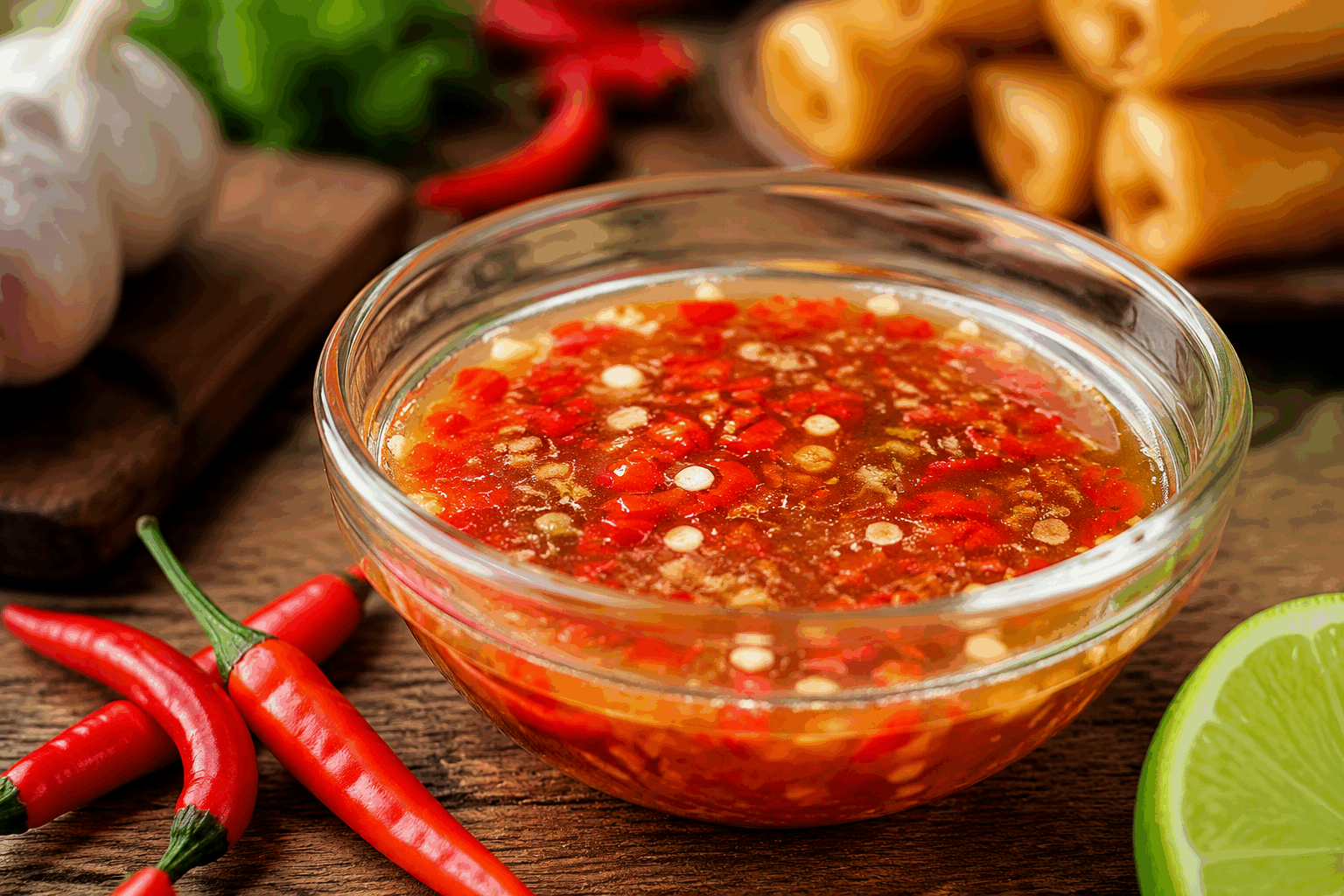 La sauce nuoc cham maison en 5 minutes pour des nems qui fondent en bouche 😍 Description La sauce nuoc cham est une sauce vietnamienne incontournable, parfaite pour accompagner les nems et leur apporter une touche fraîche et acidulée. Son équilibre subtil entre le sucré, le salé, le piquant et l'acidité fait fondre les papilles à chaque dégustation. Facile et rapide à préparer, cette sauce maison rehaussera vos plats asiatiques en à peine 5 minutes. Informations Temps de préparation : 5 minutes Temps de cuisson : 0 minute Nombre de portions : 4 personnes Difficulté : Facile Ingrédients Pour la sauce nuoc cham 50 ml d'eau tiède 30 ml de jus de citron vert frais 30 ml de sauce nuoc mam (sauce de poisson vietnamienne) 1 cuillère à soupe de sucre blanc 1 petite gousse d’ail, finement hachée 1 petit piment rouge, finement émincé (ajuster selon le goût) Préparation Dans un bol, verse l'eau tiède et ajoute le sucre, puis remue jusqu'à dissolution complète du sucre. Ajoute le jus de citron vert et la sauce nuoc mam, puis mélange bien pour homogénéiser la sauce. Incorpore l’ail haché et le piment finement émincé. Laisse reposer la sauce 2 à 3 minutes pour que les saveurs se marient parfaitement. Goûte et ajuste l’assaisonnement : ajoute un peu plus de sucre, de citron ou de nuoc mam selon ton goût. Astuces Utilise toujours du jus de citron vert frais pour conserver l’acidité naturelle et la fraîcheur de la sauce. Si tu préfères une sauce moins piquante, retire les graines du piment ou réduis la quantité. Prépare la sauce à l’avance et conserve-la au réfrigérateur dans un récipient hermétique pendant 1 à 2 jours. Pour une version plus douce, remplace le sucre blanc par du miel liquide en quantité équivalente. Service Serre cette sauce nuoc cham en accompagnement de nems croustillants, de rouleaux de printemps ou de salades vietnamiennes. Elle apportera fraîcheur et équilibre à tes plats lors d’un repas convivial ou d’un apéritif gourmand. Verse un peu de sauce dans un petit ramequin pour chaque convive, afin qu’ils puissent tremper leurs nems à volonté.