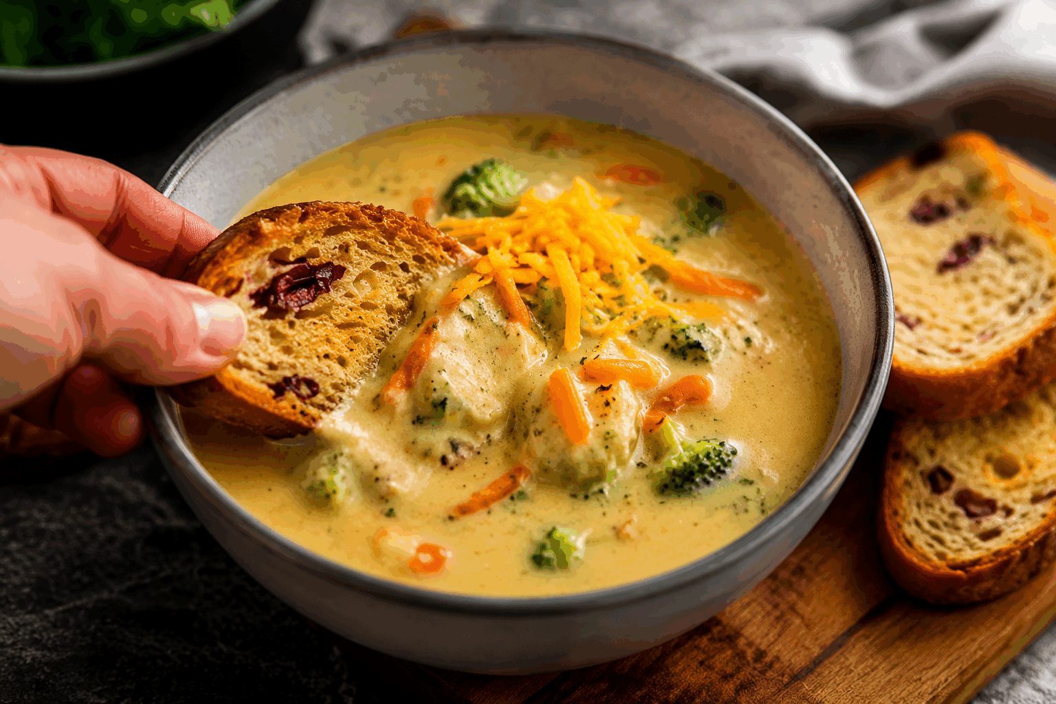 La soupe au brocoli et fromage la plus crémeuse en 10 minutes, un vrai bonheur 👌🧀 Description Cette soupe au brocoli et fromage est un véritable délice onctueux, préparé rapidement en seulement 10 minutes. Sa texture veloutée et son goût riche en font un plat réconfortant idéal pour les soirs d’hiver ou un repas léger. Parfaite pour les amateurs de fromage qui souhaitent une recette simple et savoureuse. Informations Temps de préparation : 5 minutes Temps de cuisson : 5 minutes Nombre de portions : 4 Difficulté : Facile Ingrédients Pour la soupe 500 g de brocoli frais (ou surgelé) 200 ml de crème fraîche épaisse 150 g de cheddar râpé 500 ml de bouillon de légumes 1 oignon moyen 1 gousse d’ail 2 cuillères à soupe d’huile d’olive Sel Poivre noir moulu Une pincée de noix de muscade (facultatif) Préparation Émince l’oignon et hache finement l’ail. Dans une casserole, fais chauffer l’huile d’olive à feu moyen et fais revenir l’oignon et l’ail pendant 2 minutes jusqu’à ce qu’ils soient translucides. Ajoute le brocoli coupé en petits bouquets, puis verse le bouillon de légumes. Porte à ébullition. Baisse le feu et laisse cuire 4 minutes, jusqu’à ce que le brocoli soit tendre mais encore vert vif. Mixe la soupe directement dans la casserole avec un mixeur plongeant jusqu’à obtenir une texture lisse. Incorpore la crème fraîche et le cheddar râpé. Remue jusqu’à ce que le fromage soit fondu et parfaitement incorporé. Assaisonne avec du sel, du poivre et une pincée de noix de muscade selon ton goût. Réchauffe la soupe une minute supplémentaire sans laisser bouillir, puis sers immédiatement. Astuces Pour un goût encore plus crémeux, remplace la crème fraîche par un mélange de crème liquide et de fromage à la crème. Choisis un cheddar doux ou légèrement vieilli selon ta préférence pour intensifier la saveur. Si tu utilises du brocoli surgelé, réduis légèrement le temps de cuisson pour conserver la belle couleur verte. Cette soupe peut se conserver 2 jours au réfrigérateur dans un récipient hermétique et se réchauffe facilement au micro-ondes. Service Servez cette soupe bien chaude, accompagnée de croûtons dorés à l’ail ou d’un filet d’huile d’olive. Elle se marie parfaitement avec une salade fraîche pour un repas équilibré et rapide. Idéale pour un déjeuner express ou un dîner réconfortant en semaine.
