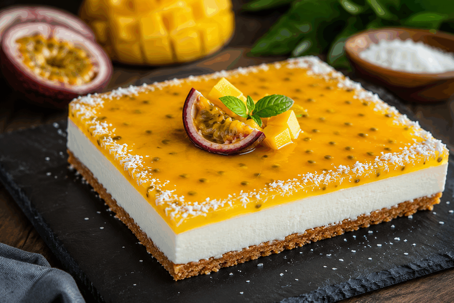 Le cheesecake mangue-passion sans cuisson en 5 minutes, un dessert léger et irrésistible 😍 Description Ce cheesecake sans cuisson allie la douceur fruitée de la mangue à la légère acidité du fruit de la passion pour un dessert frais et onctueux. Facile et rapide à réaliser en seulement 5 minutes, il séduira les amateurs de saveurs exotiques et les gourmands en quête de légèreté. Idéal pour clôturer un repas d’été ou pour une occasion spéciale. Informations Temps de préparation : 5 minutes Temps de cuisson : 0 minute Nombre de portions : 6 personnes Difficulté : Facile Ingrédients Pour la base 150 g de biscuits digestifs ou spéculoos 70 g de beurre fondu Pour la garniture 300 g de fromage frais type Philadelphia ou mascarpone léger 150 ml de crème liquide entière bien froide 80 g de sucre glace 200 g de purée de mangue fraîche ou surgelée décongelée 100 g de pulpe de fruit de la passion (environ 4 fruits) 1 sachet de sucre vanillé 2 feuilles de gélatine (ou 2 g d’agar-agar) Préparation Réduis les biscuits en poudre fine à l’aide d’un robot ou en les écrasant dans un sac plastique. Mélange la poudre de biscuits avec le beurre fondu puis tasse ce mélange au fond d’un moule à charnière de 18 cm de diamètre. Place au frais le temps de préparer la garniture. Fais tremper la gélatine dans de l’eau froide pendant 5 minutes. Chauffe légèrement 2 cuillères à soupe de purée de mangue dans une petite casserole ou au micro-ondes, puis ajoute la gélatine essorée. Mélange soigneusement pour la dissoudre complètement. Dans un saladier, fouette la crème liquide bien froide en chantilly fermement. Dans un autre bol, mélange le fromage frais, le sucre glace, le sucre vanillé, la purée de mangue restante et la pulpe de fruit de la passion, puis incorpore-y la purée chaude à la gélatine. Incorpore délicatement la chantilly à ce mélange à l’aide d’une spatule, en soulevant la préparation pour garder une texture légère. Verse la garniture sur la base biscuitée, lisse la surface et place au réfrigérateur pour au moins 3 heures (idéalement 4 heures) pour que le cheesecake prenne bien. Astuces Choisis des mangues bien mûres pour une purée plus savoureuse et naturellement sucrée. Si tu n’as pas de gélatine, l’agar-agar est un bon substitut, en ajustant bien la quantité et en suivant les instructions de cuisson. Pour faciliter le démoulage, passe un couteau fin sur le bord du moule avant de l’ouvrir. Tu peux décorer le dessus avec quelques graines de fruit de la passion ou des morceaux de mangue frais pour une présentation encore plus gourmande. Service Sers ce cheesecake mangue-passion frais, idéalement après un repas léger ou un barbecue d’été. Accompagne-le d’un coulis de fruits exotiques ou d’un sorbet citron vert pour renforcer la fraîcheur. Présente-le directement dans son moule ou démoulé sur un plat pour un effet élégant et appétissant.