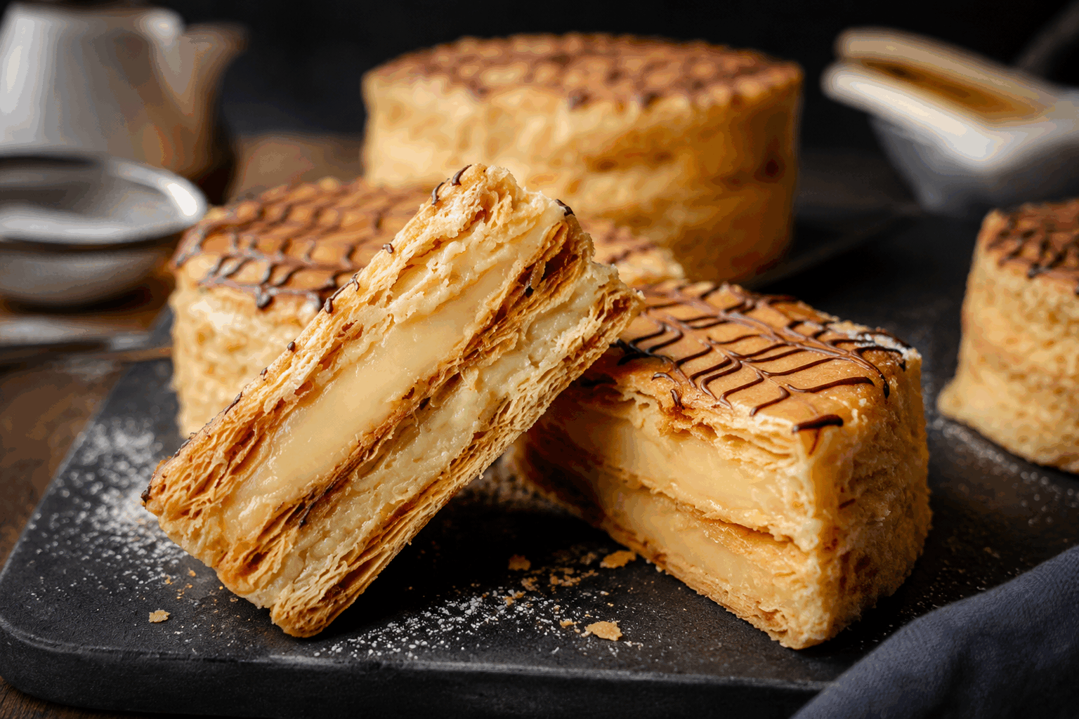 Le millefeuille au café prêt en 5 minutes, un délice fondant à tester absolument ☕✨ Description Ce millefeuille au café est une gourmandise rapide et facile à réaliser, idéale pour les amateurs de café et de desserts fondants. Sa texture légère et croustillante s’allie parfaitement à la douceur d’une crème au café onctueuse. Parfait pour une pause-café improvisée ou un dessert express après un repas. Informations Temps de préparation : 5 minutes Temps de cuisson : 10 minutes (optionnel) Nombre de portions : 4 pièces Difficulté : Facile Ingrédients Pour la pâte feuilletée 4 feuilles de pâte feuilletée prête à l’emploi Pour la crème au café 200 ml de crème liquide entière froide 2 cuillères à soupe de sucre glace 1 cuillère à soupe de café soluble (ou espresso très fort) 1 cuillère à café d’extrait de vanille Pour la finition Sucre glace pour saupoudrer Grains de café en chocolat (optionnel) Préparation Préchauffe le four à 180°C. Découpe les feuilles de pâte feuilletée en rectangles d’environ 8x12 cm. Dispose les rectangles sur une plaque recouverte de papier cuisson. Pique-les avec une fourchette pour éviter qu’ils ne gonflent trop. Recouvre chaque feuille d’une autre feuille de papier sulfurisé, puis pose une autre plaque ou un poids pour bien aplatir la pâte. Enfourne 8 à 10 minutes jusqu’à ce que la pâte soit dorée et croustillante. Laisse refroidir. Dans un saladier, fouette la crème liquide bien froide en chantilly ferme. Ajoute le sucre glace, puis le café soluble dissous dans une cuillère à soupe d’eau chaude. Termine en incorporant l’extrait de vanille, mélange délicatement. Dépose une couche de pâte feuilletée sur un plat, étale une couche généreuse de crème au café. Répète avec une autre couche de pâte, de crème, puis termine par un rectangle de pâte. Saupoudre généreusement le dessus avec du sucre glace. Décore éventuellement avec des grains de café en chocolat pour un effet gourmand et esthétique. Astuces Pour un rendu encore plus rapide, tu peux remplacer la crème au café maison par une crème pâtissière aromatisée au café toute prête. Veille à bien fouetter la crème bien froide pour obtenir une chantilly parfaite et éviter qu’elle ne retombe. Si tu n’as pas de café soluble, un expresso bien concentré ou un cold brew peuvent aussi convenir. Pour une version plus légère, remplace la crème entière par une crème fouettée allégée ou un yaourt grec parfumé au café. Service Serre ce millefeuille au café bien frais, accompagné d’une tasse d’expresso pour un double plaisir caféiné. Ce dessert séduira tes invités lors d’un goûter ou après un dîner léger. Présente-le sur une assiette blanche pour faire ressortir son contraste entre croustillant doré et crème onctueuse.